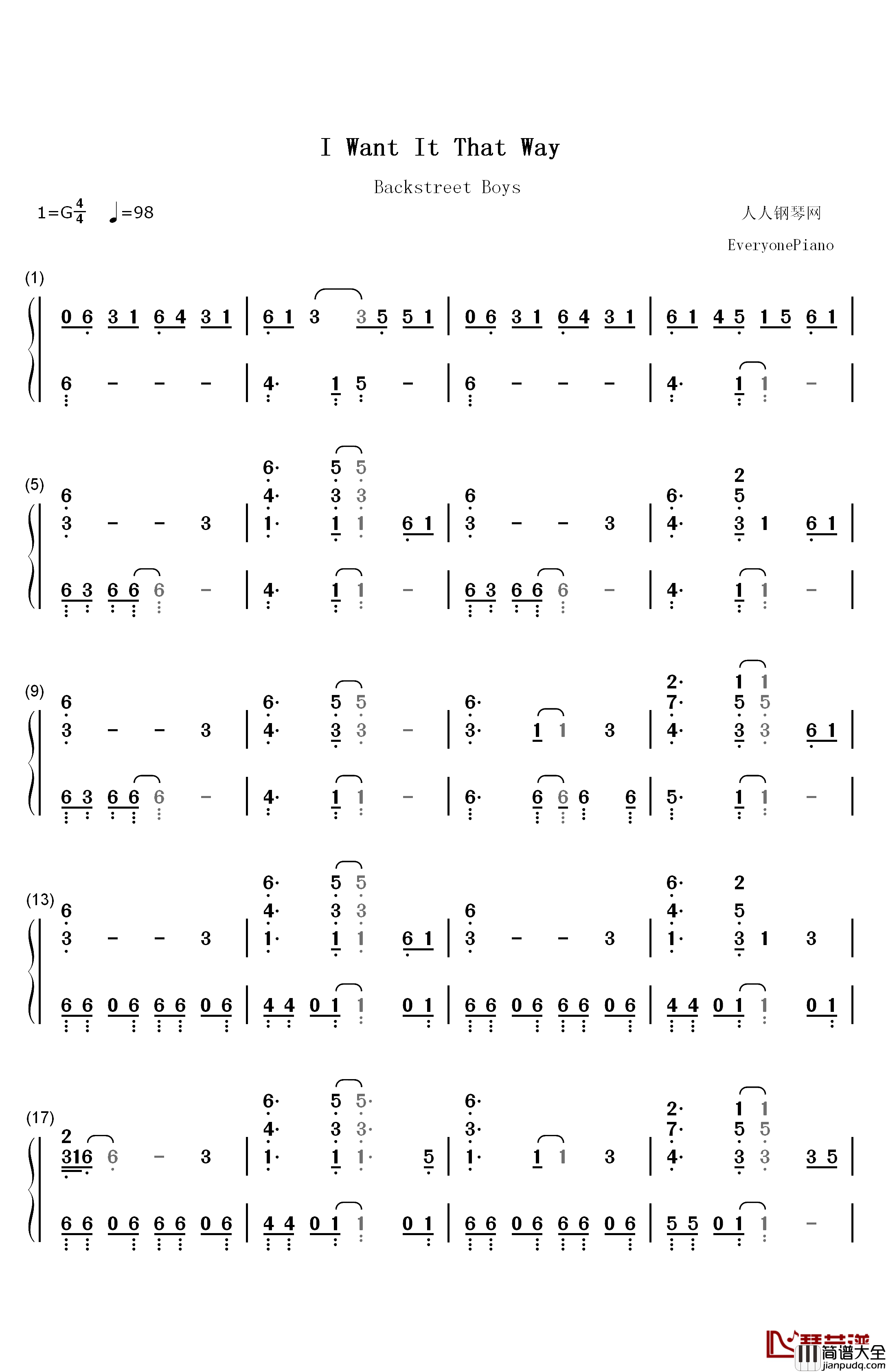 I_Want_It_That_Way钢琴简谱_数字双手_后街男孩__Backstreet_Boys