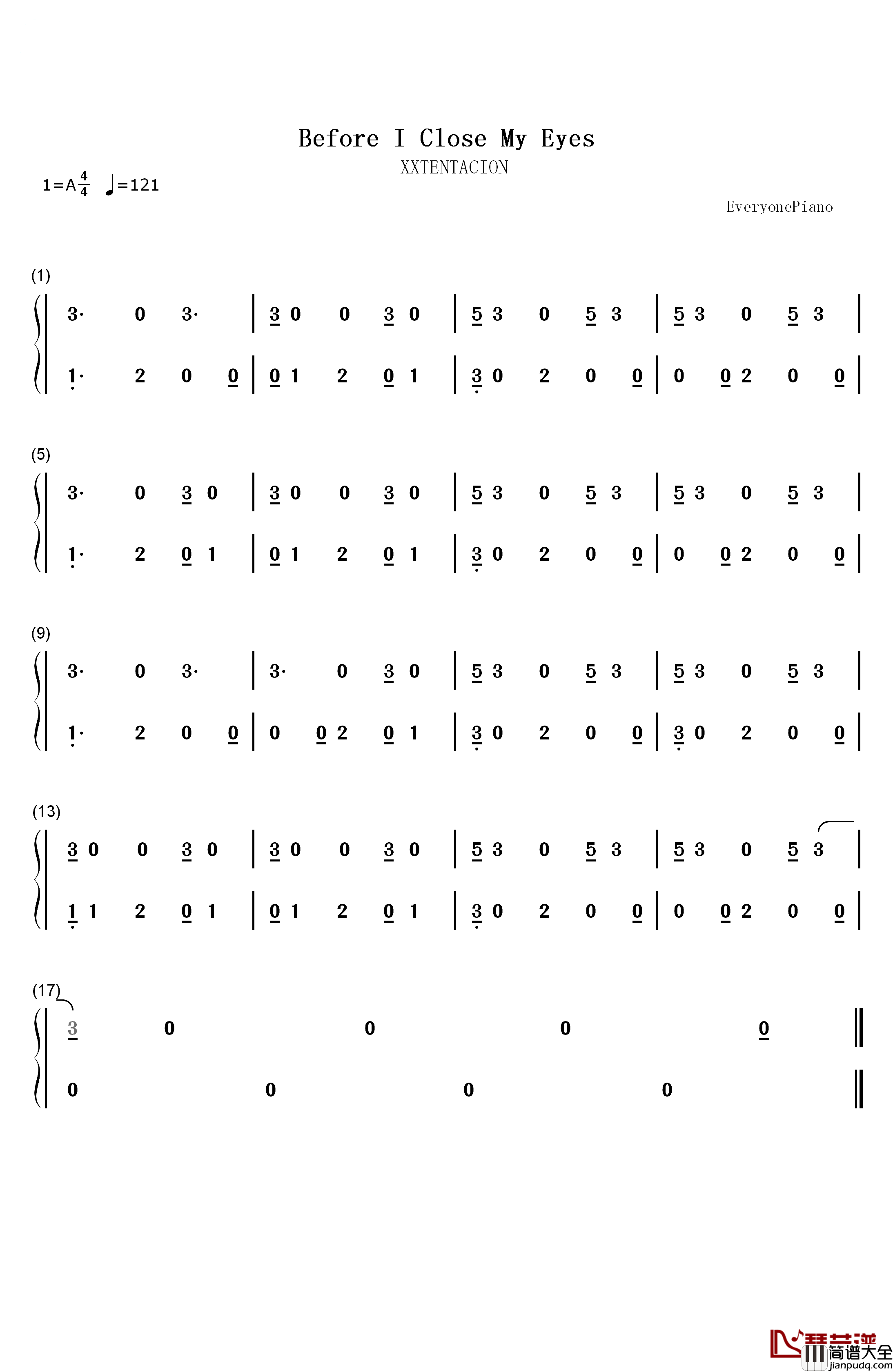 Before_I_Close_My_Eyes钢琴简谱_数字双手_XXXTentacion