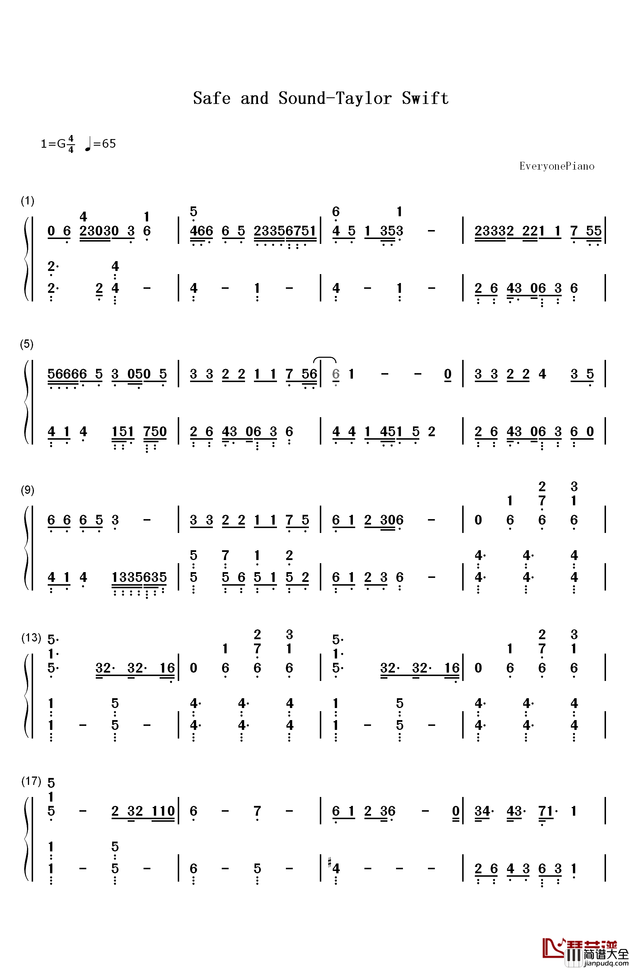Safe_and_Sound(安然无恙Taylor_Swift)钢琴简谱_数字双手_Taylor_Swift__泰勒·斯威夫特