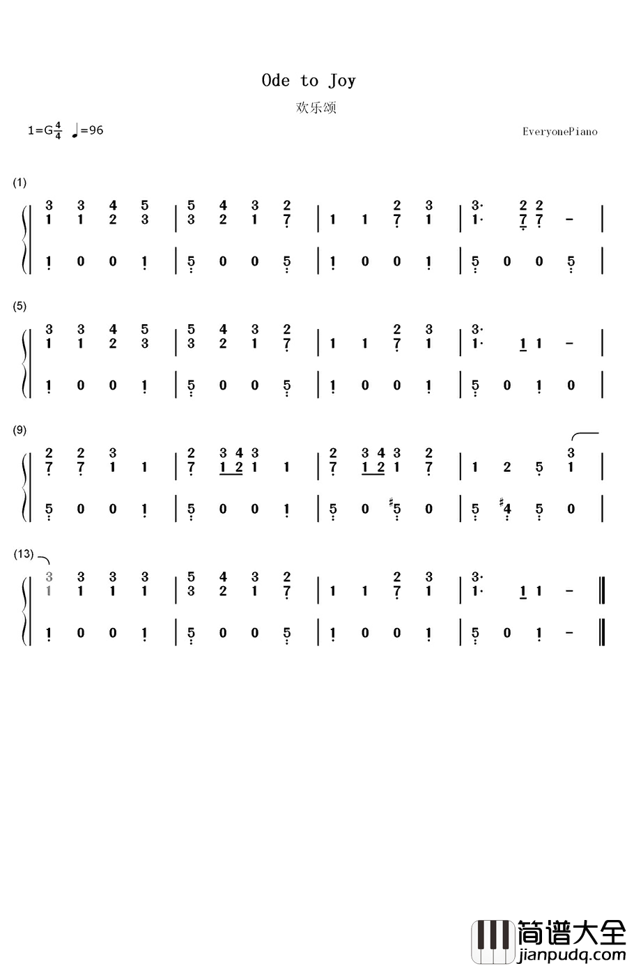 欢乐颂钢琴简谱_数字双手_贝多芬