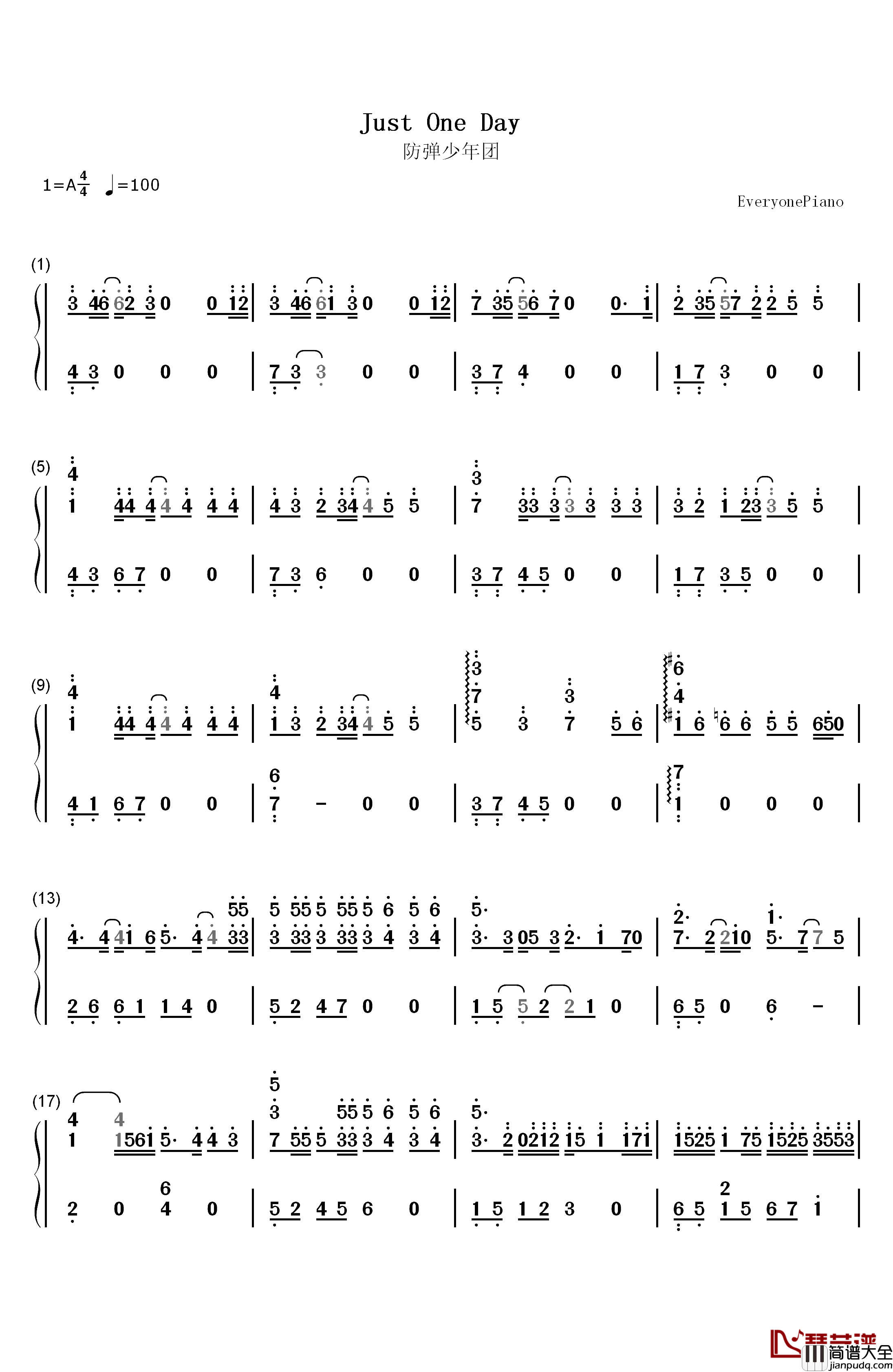 Just_One_Day钢琴简谱_数字双手_防弹少年团