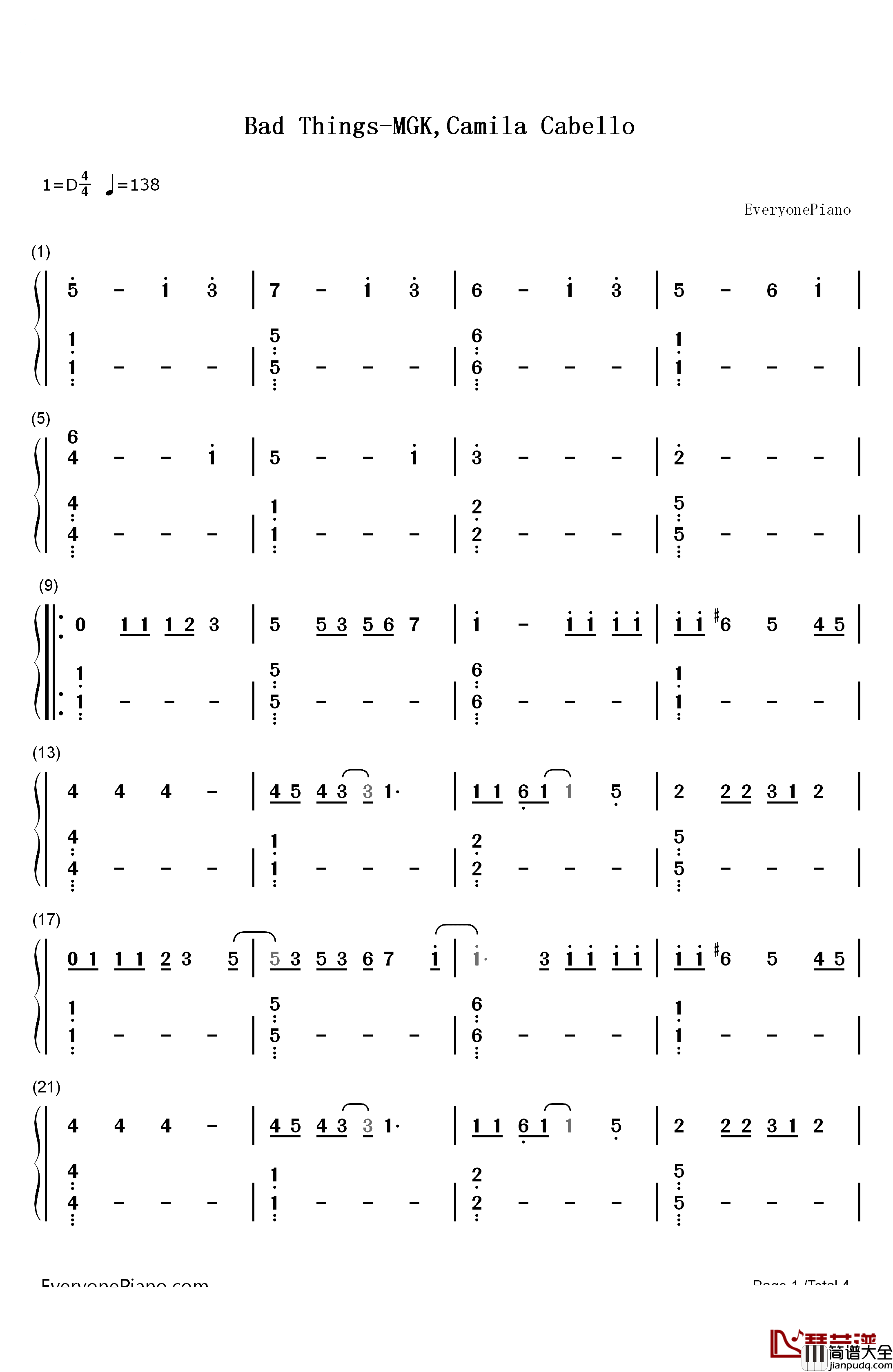Bad_Things钢琴简谱_数字双手_MGK_Camila_Cabello