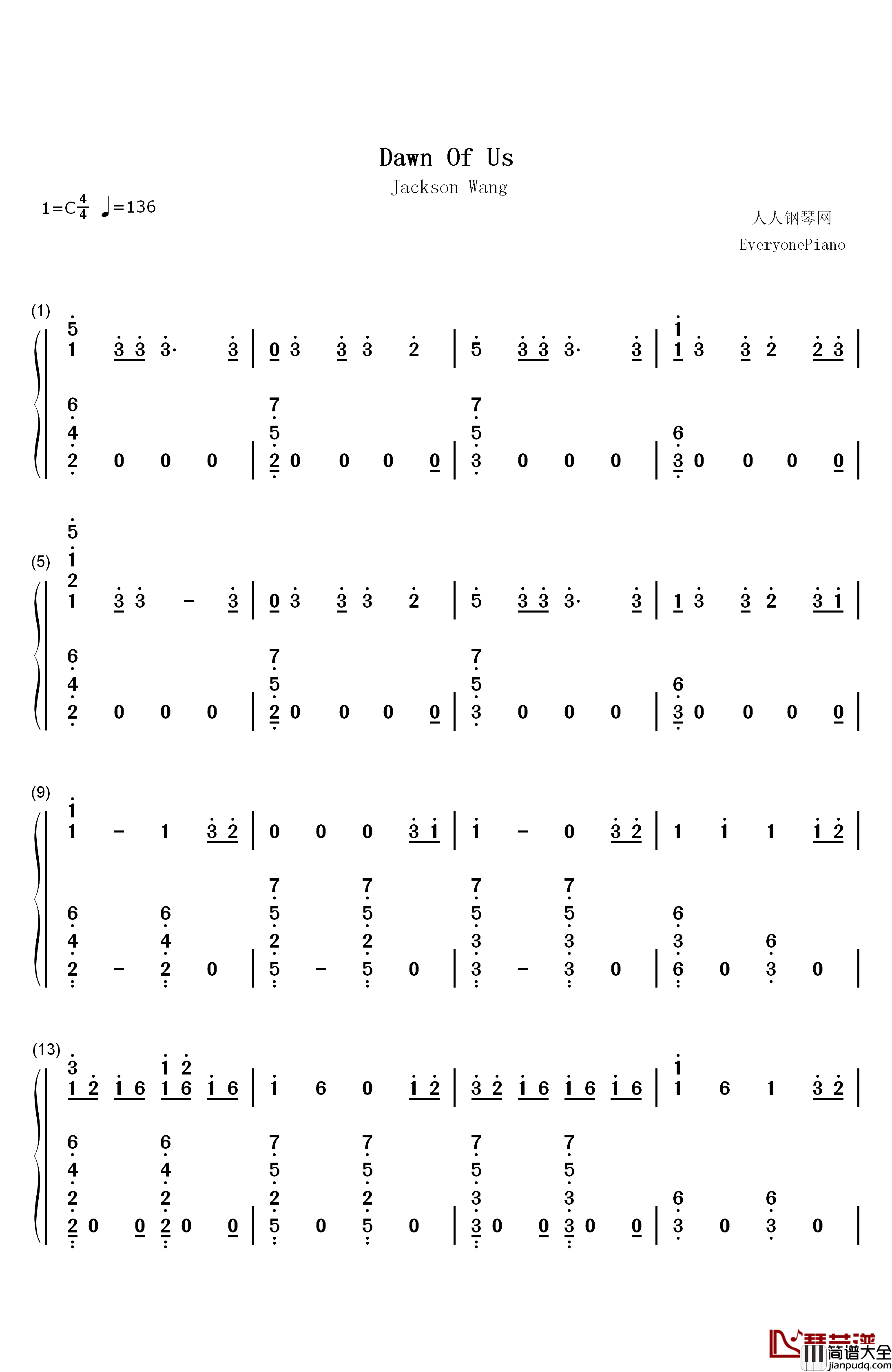 Dawn_Of_Us钢琴简谱_数字双手_王嘉尔