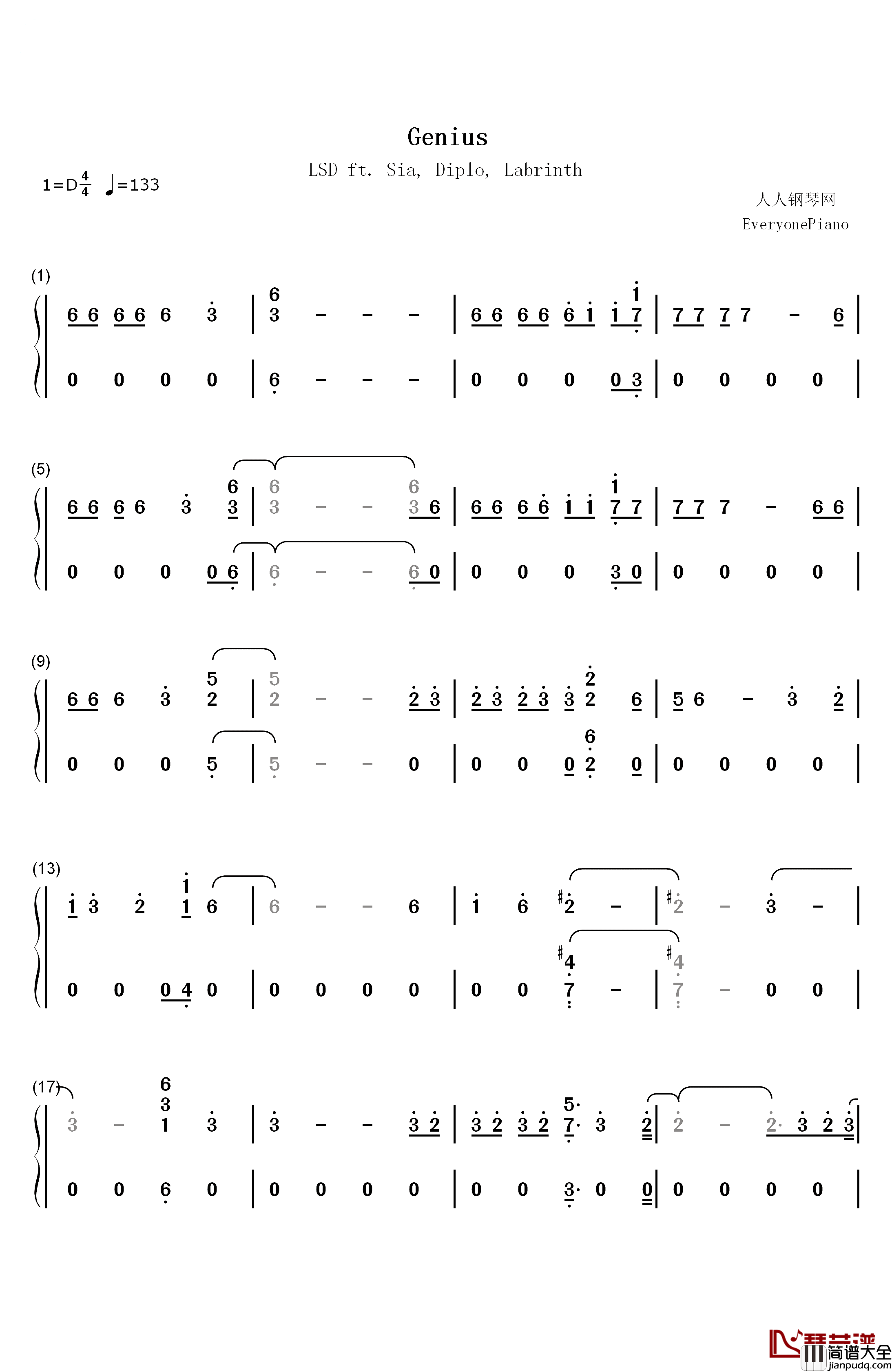 Genius钢琴简谱_数字双手_LSD