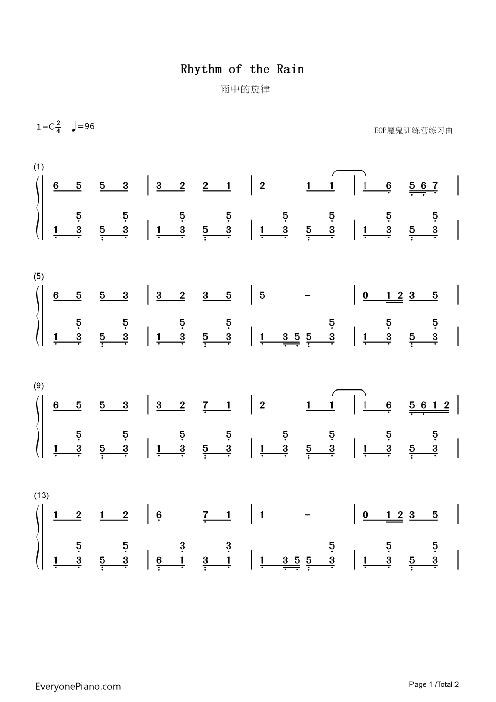 Rhythm_of_the_Rain钢琴简谱_数字双手_The_Cascades(瀑布合唱团)