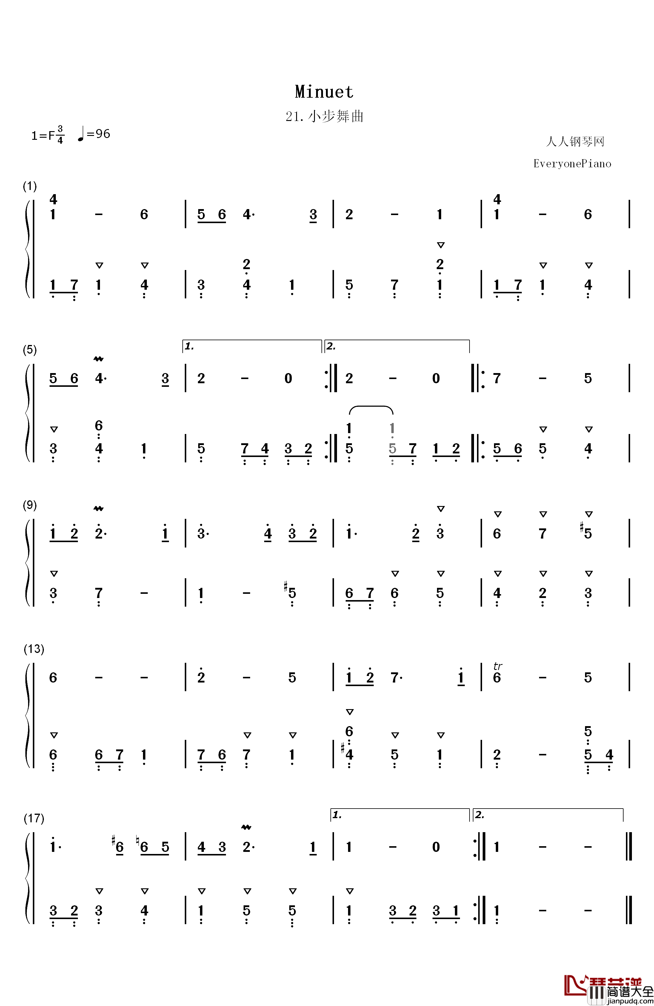 小步舞曲_21钢琴简谱_数字双手_巴赫