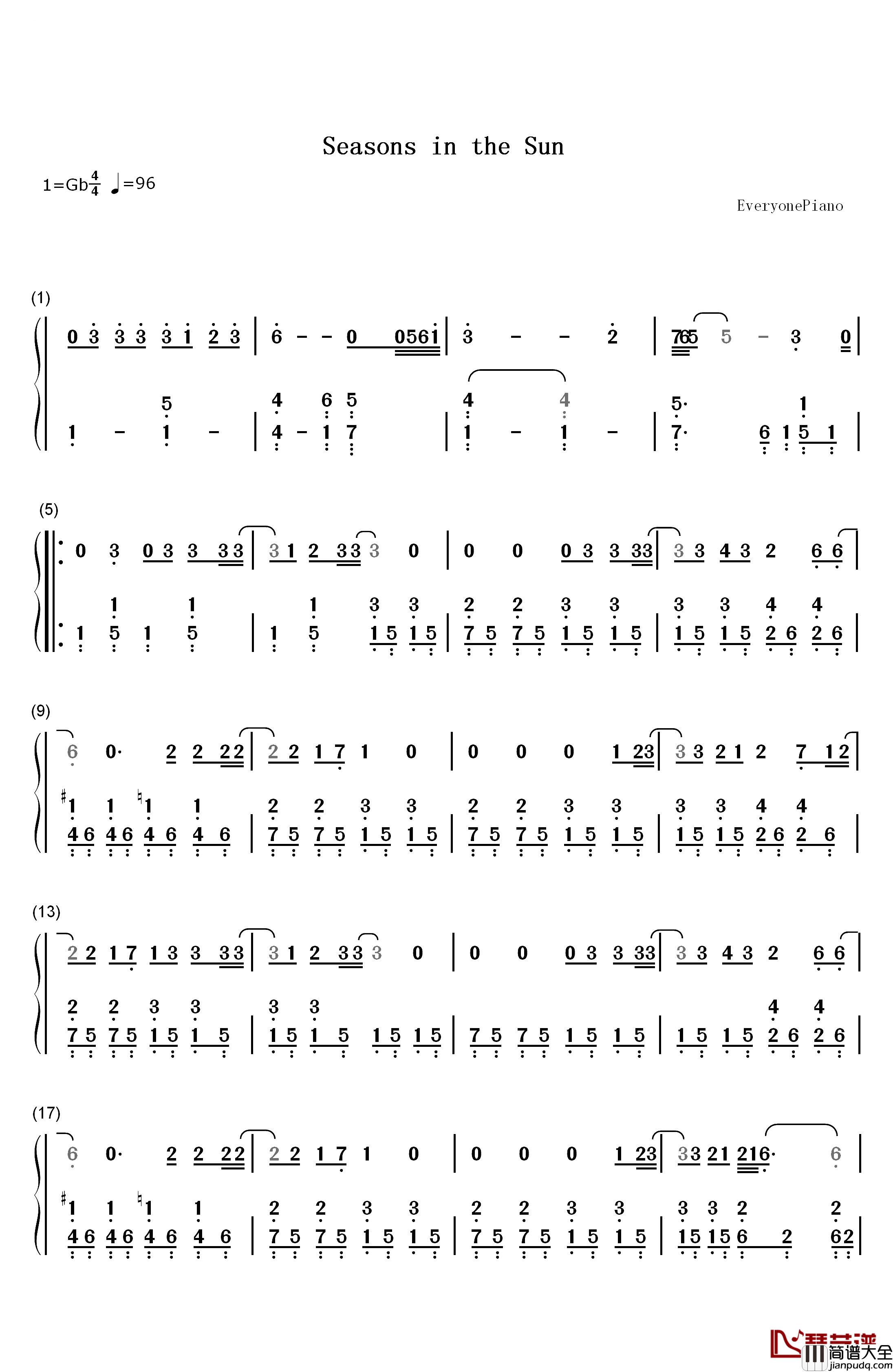 Seasons_in_the_Sun钢琴简谱_数字双手_西城男孩(Westlife)