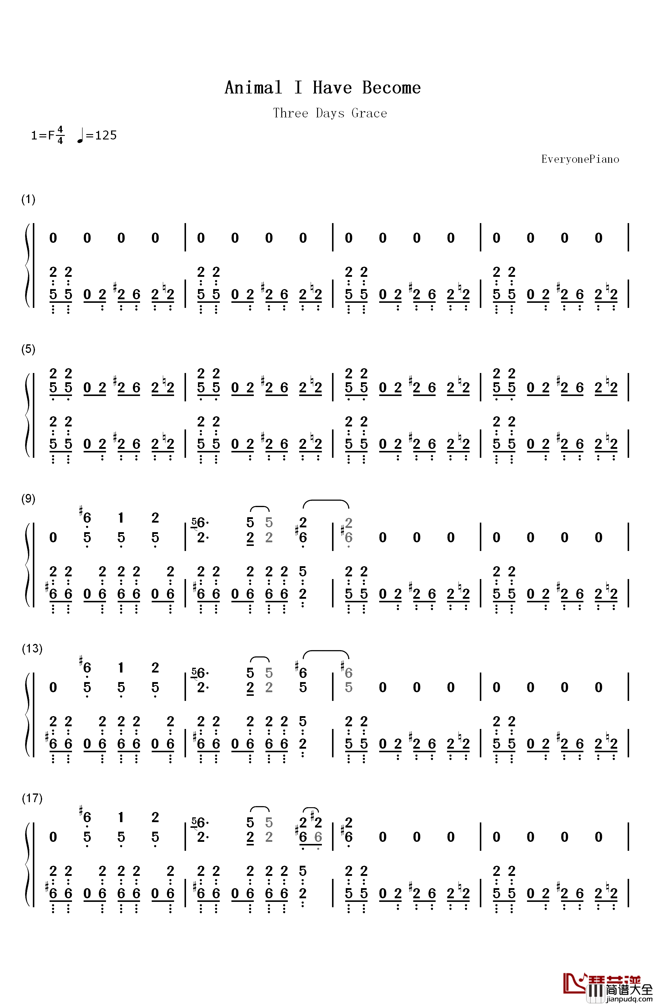 Animal_I_Have_Become钢琴简谱_数字双手_Three_Days_Grace
