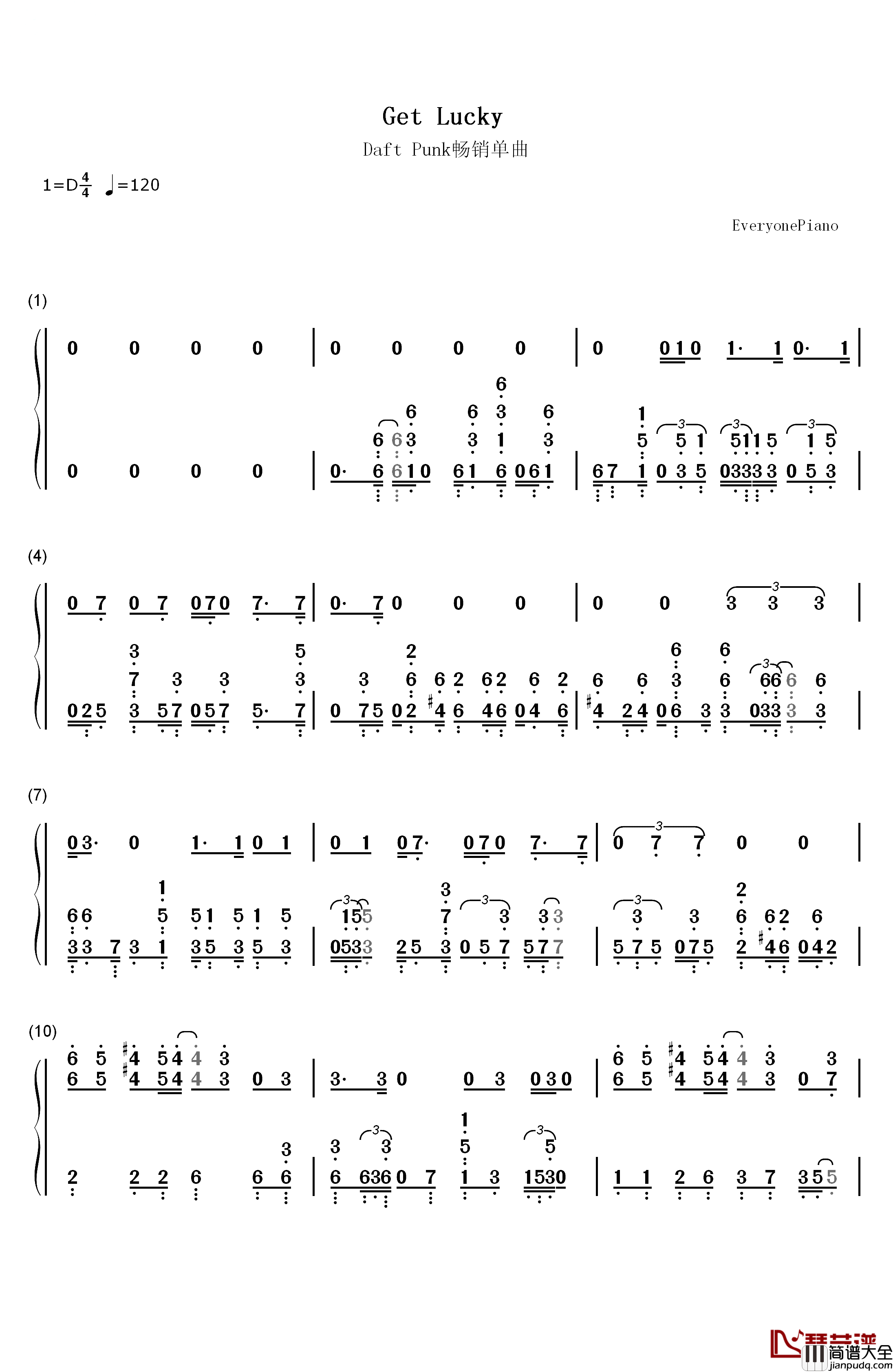 Get_Lucky钢琴简谱_数字双手_Daft_Punk