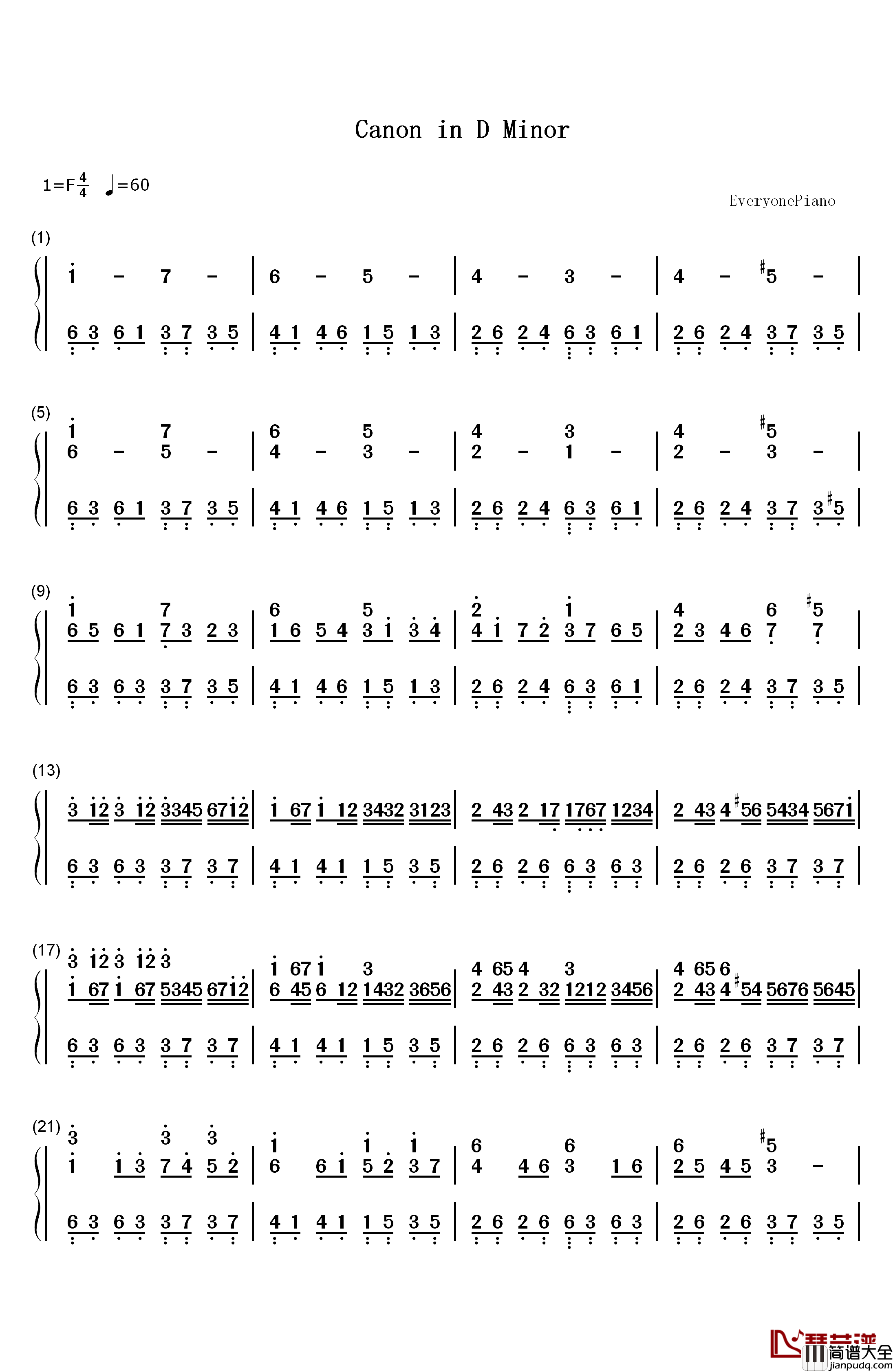 Canon_in_D_Minor钢琴简谱_数字双手_Johann_Pachelbel