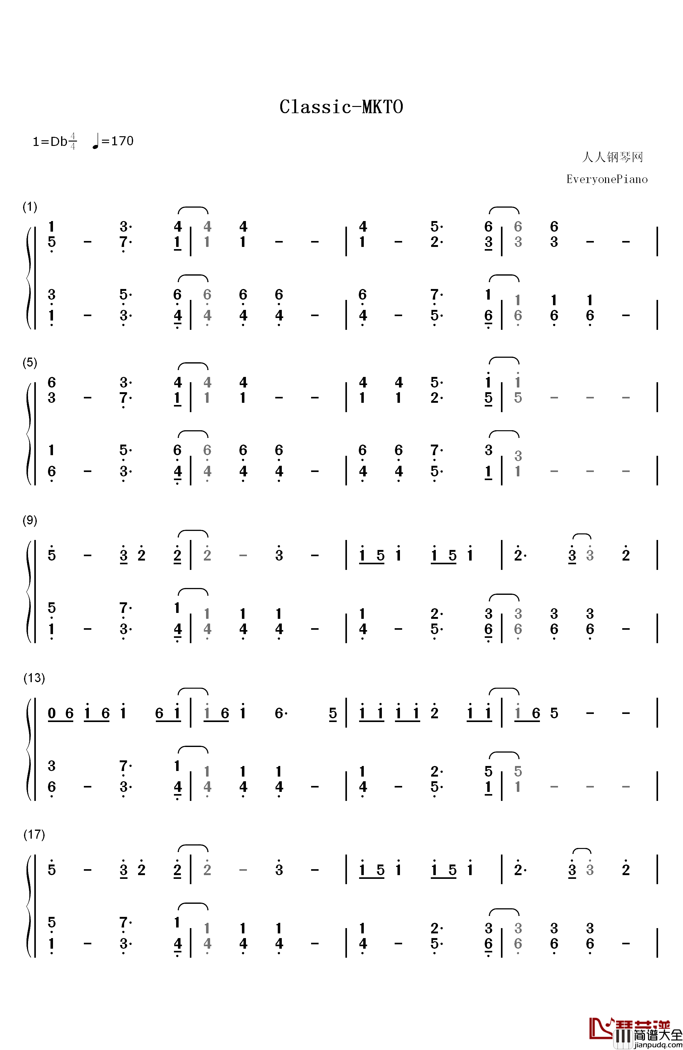 Classic钢琴简谱_数字双手_MKTO