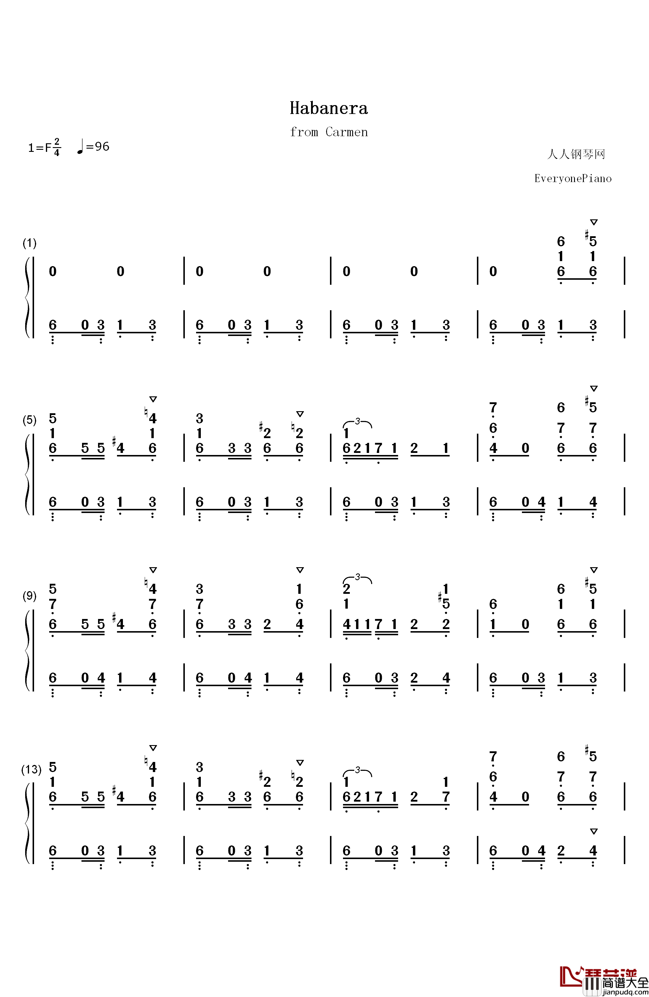 Habanera钢琴简谱_数字双手_Georges_Bizet
