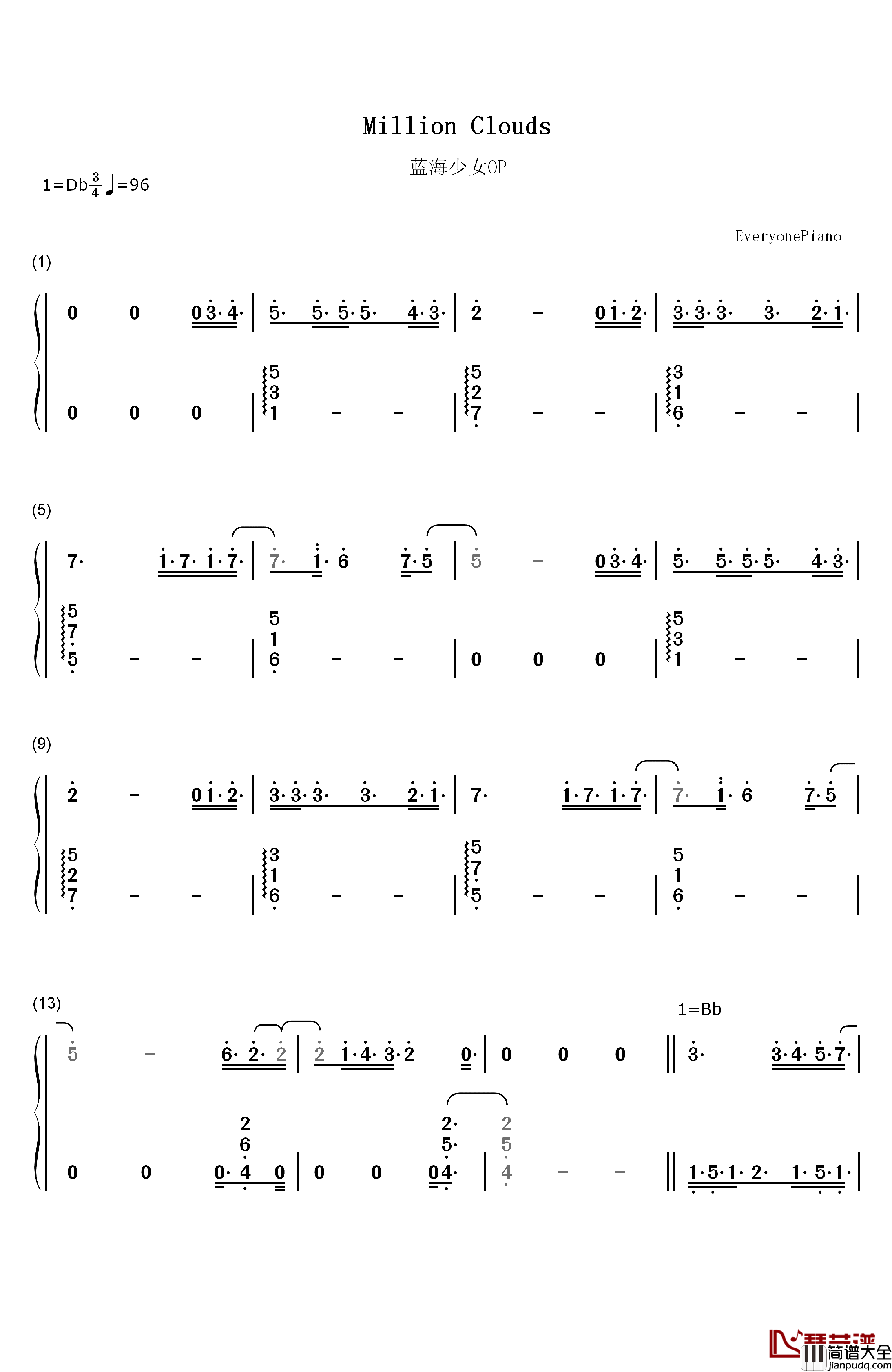 Million_Clouds钢琴简谱_数字双手_坂本真绫