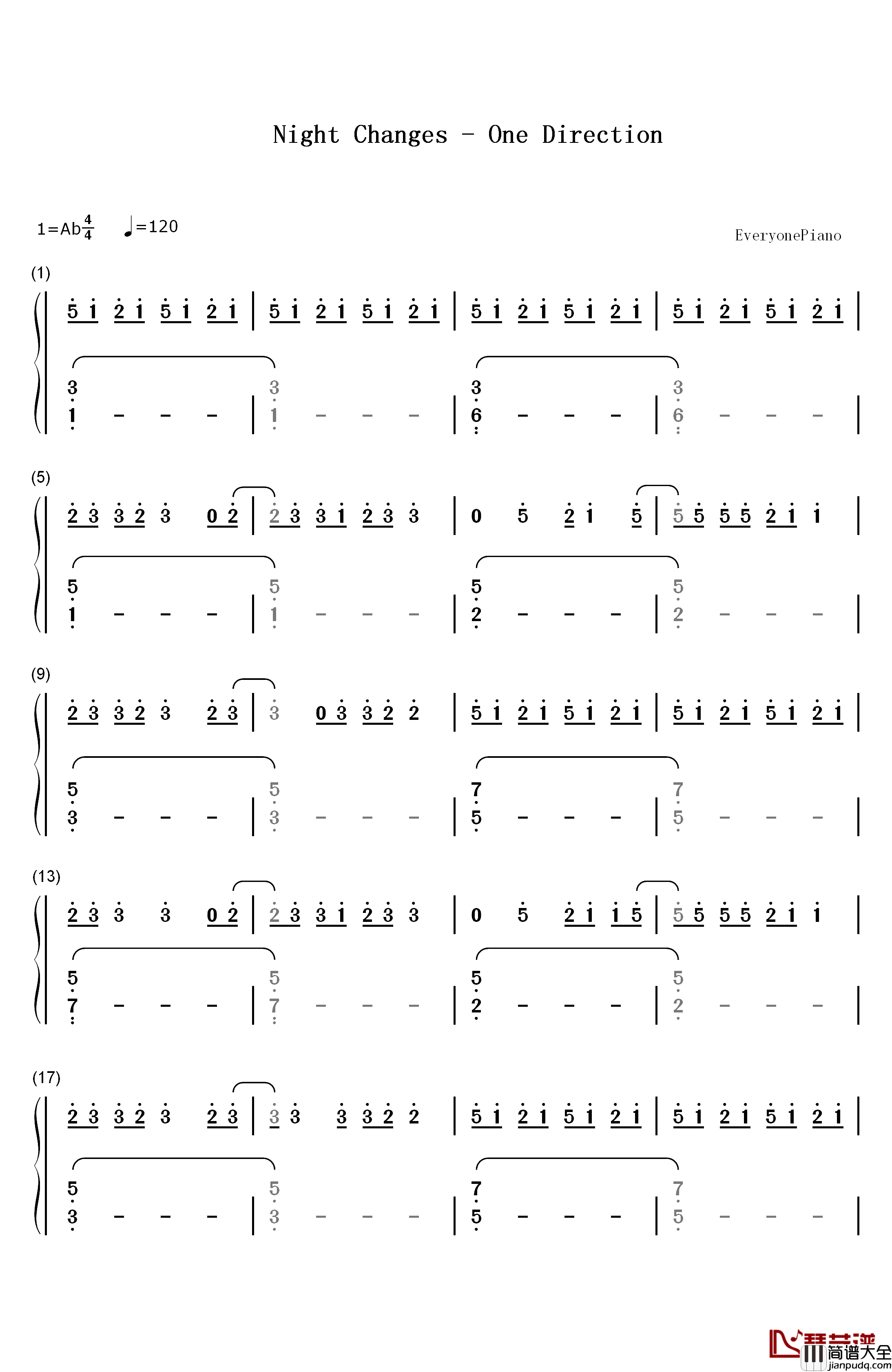 Night_Changes钢琴简谱_数字双手_One_Direction