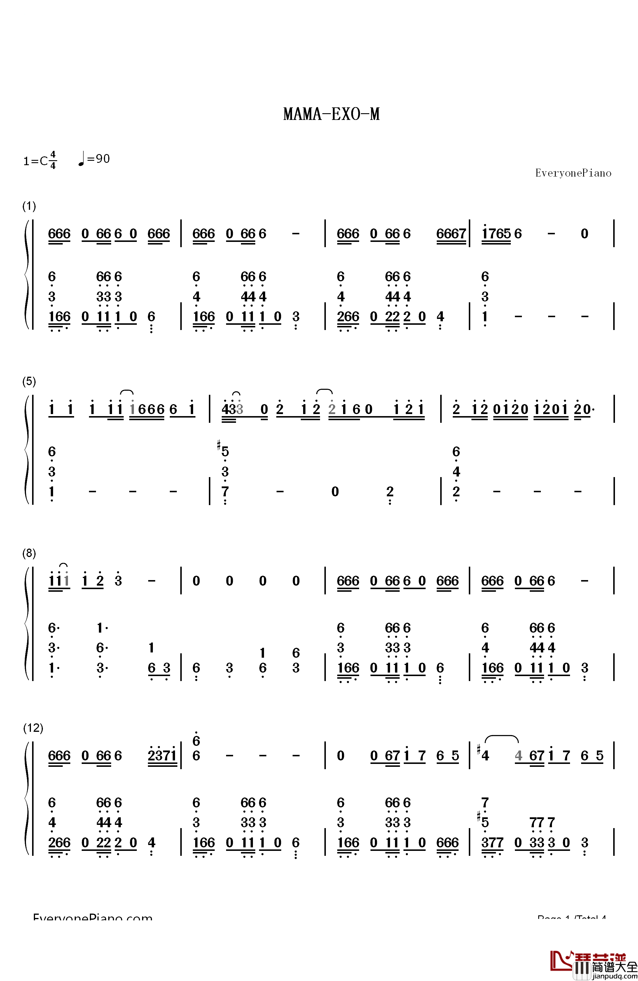 MAMA钢琴简谱_数字双手_EXO_M