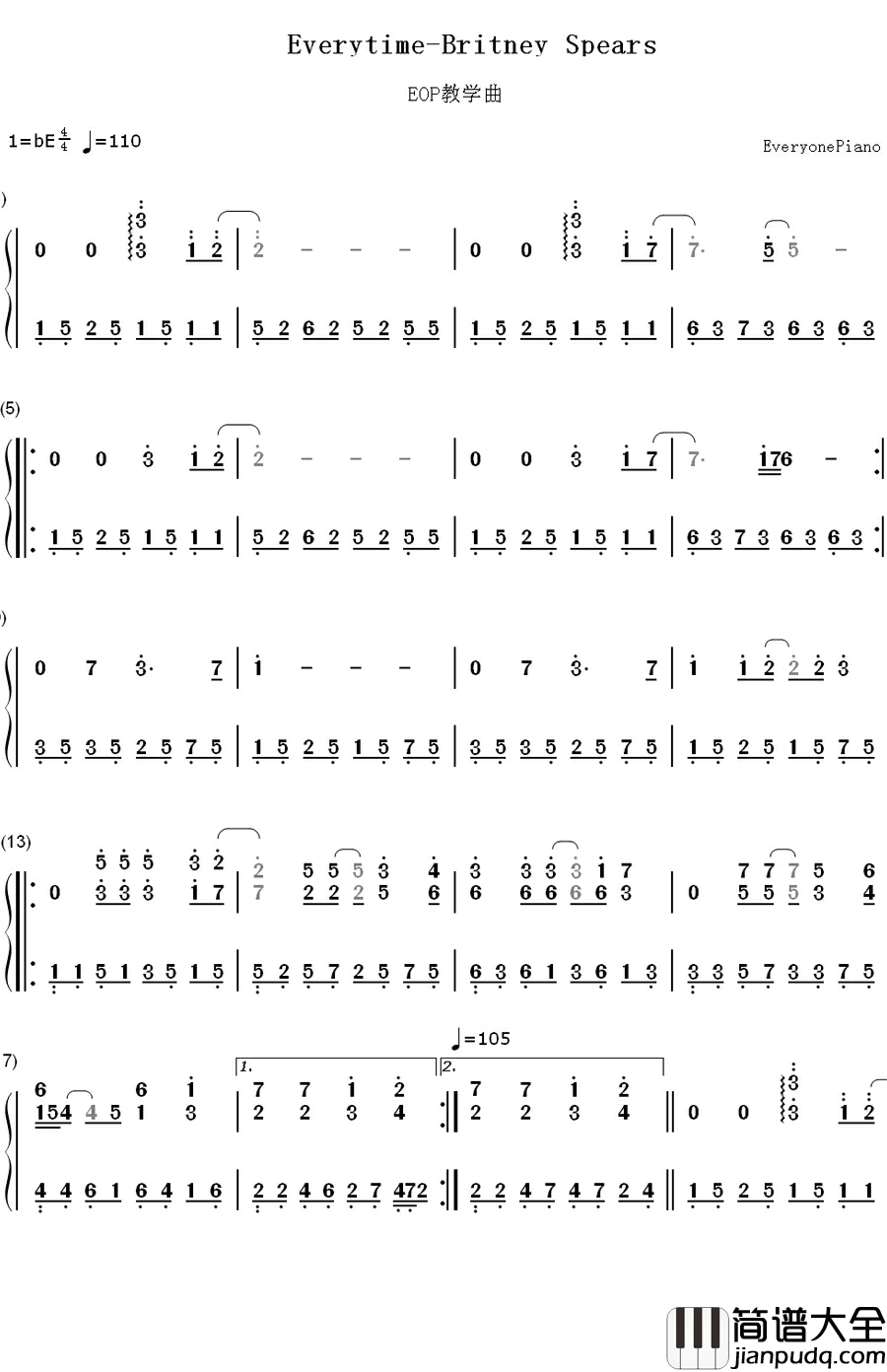 Everytime钢琴简谱_数字双手_布兰妮·斯皮尔斯(Britney_Spears)