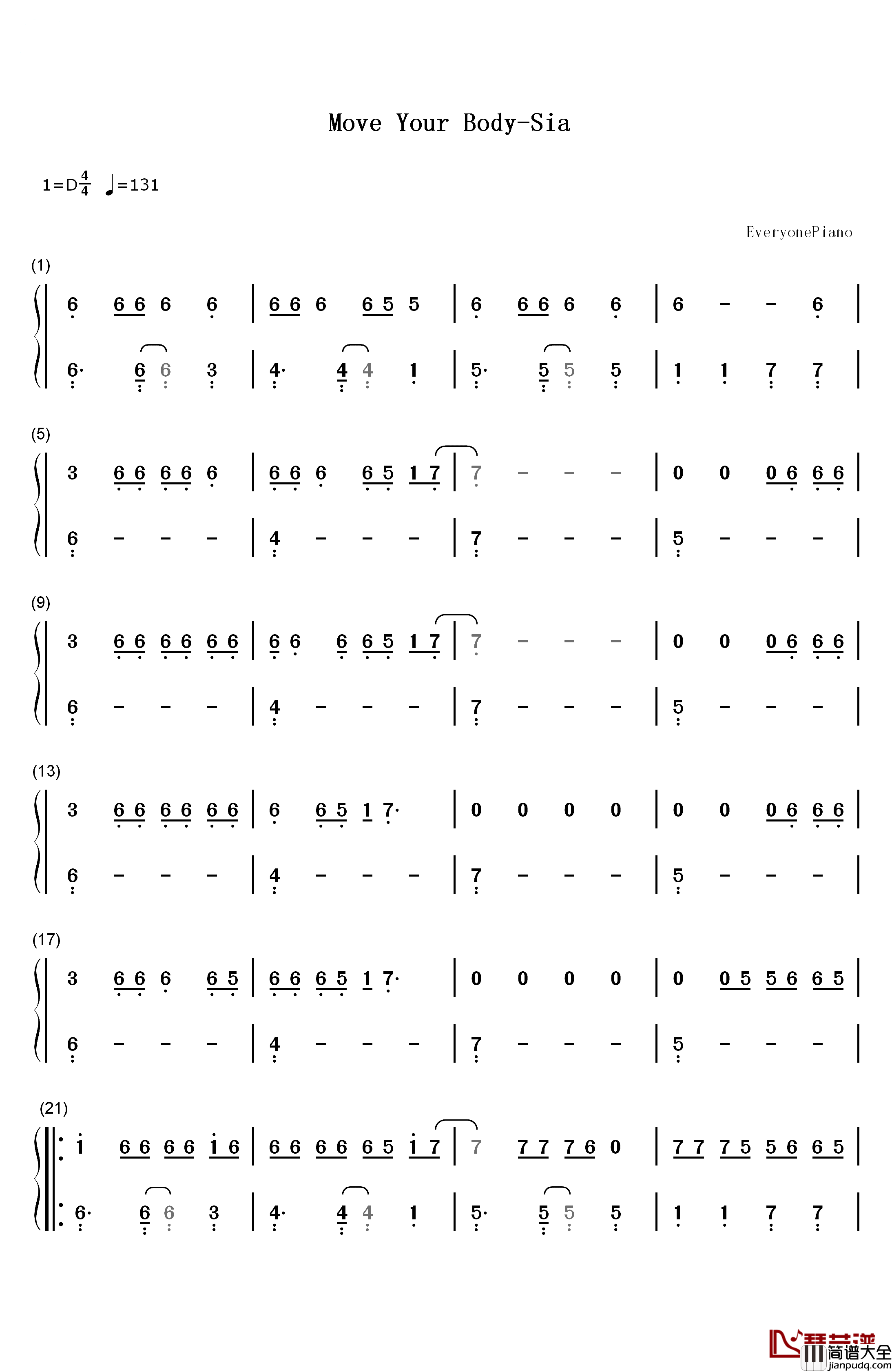 Move_Your_Body钢琴简谱_数字双手_Sia