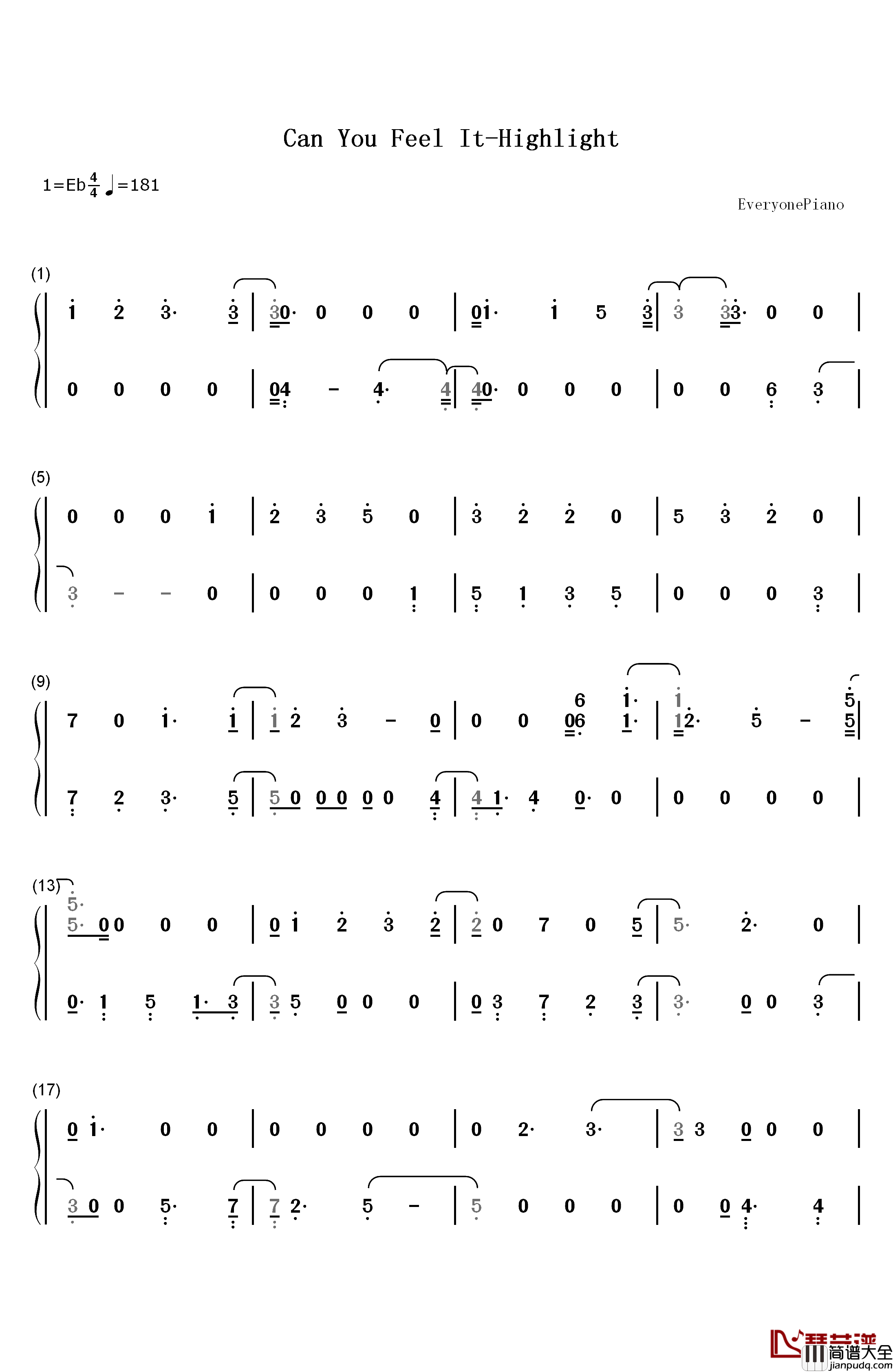 Can_You_Feel_It钢琴简谱_数字双手_Highlight