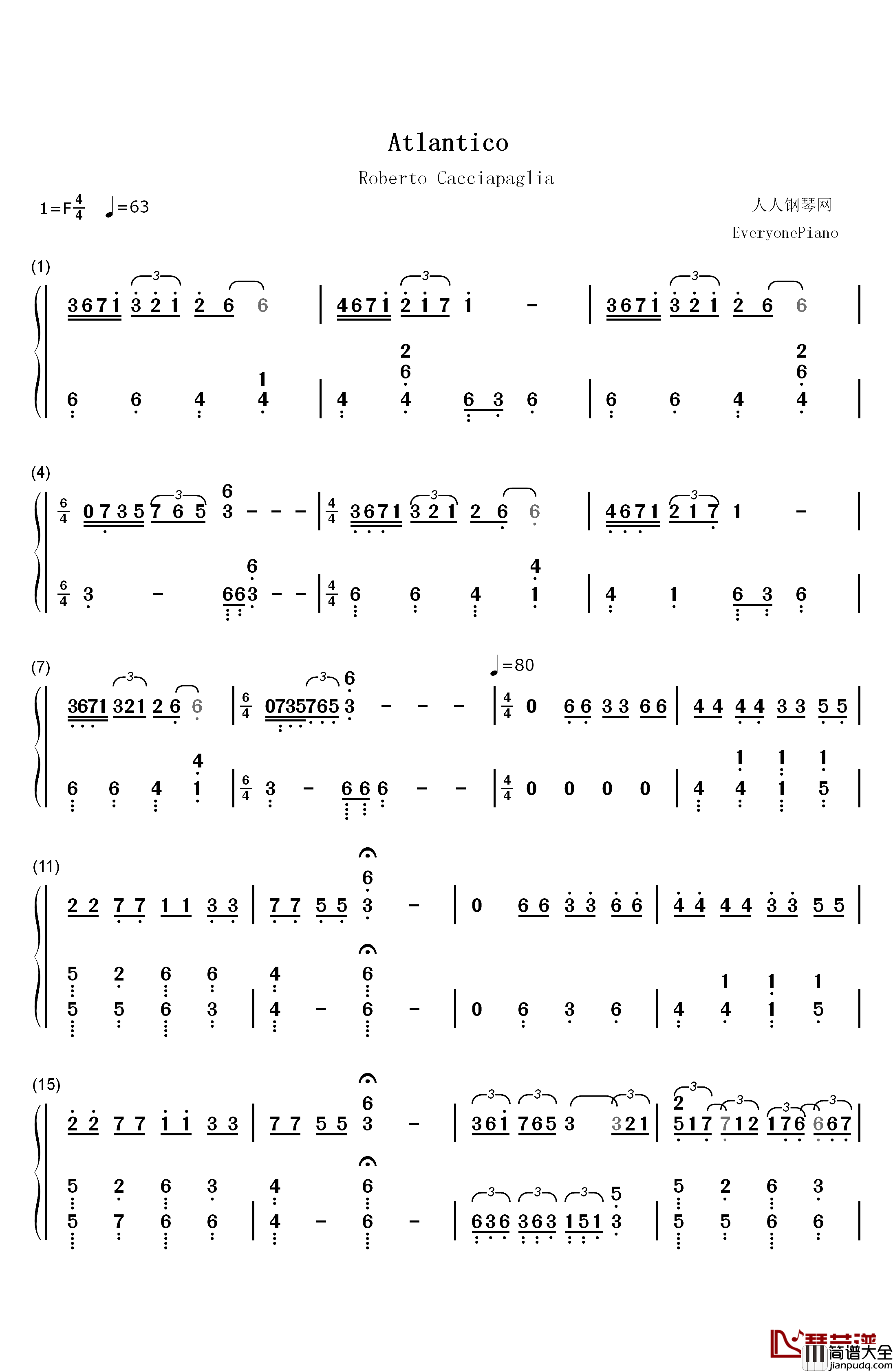 Atlantico钢琴简谱_数字双手_Roberto_Cacciapaglia