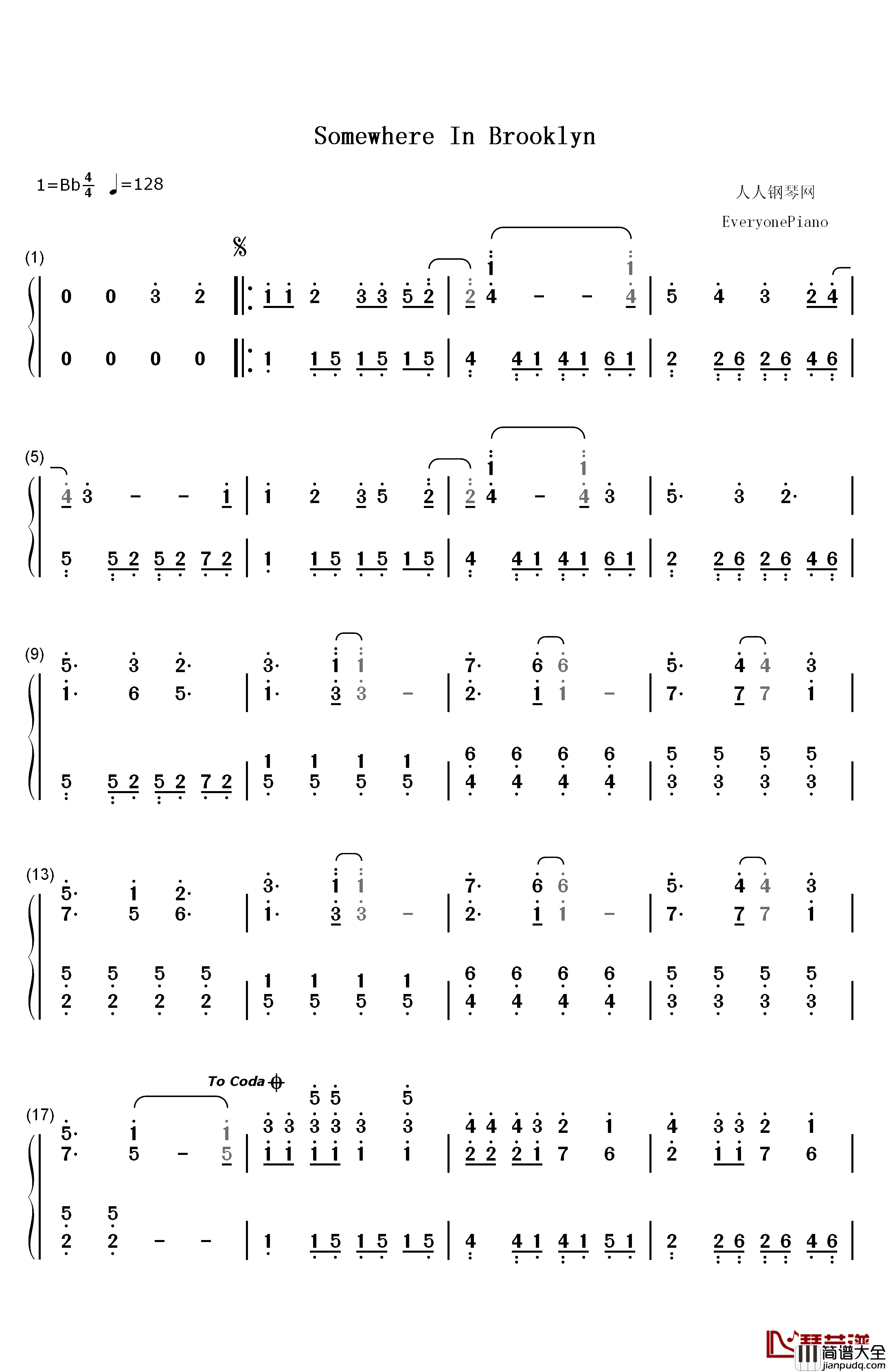 Somewhere_In_Brooklyn_钢琴简谱_数字双手_Bruno_Mars