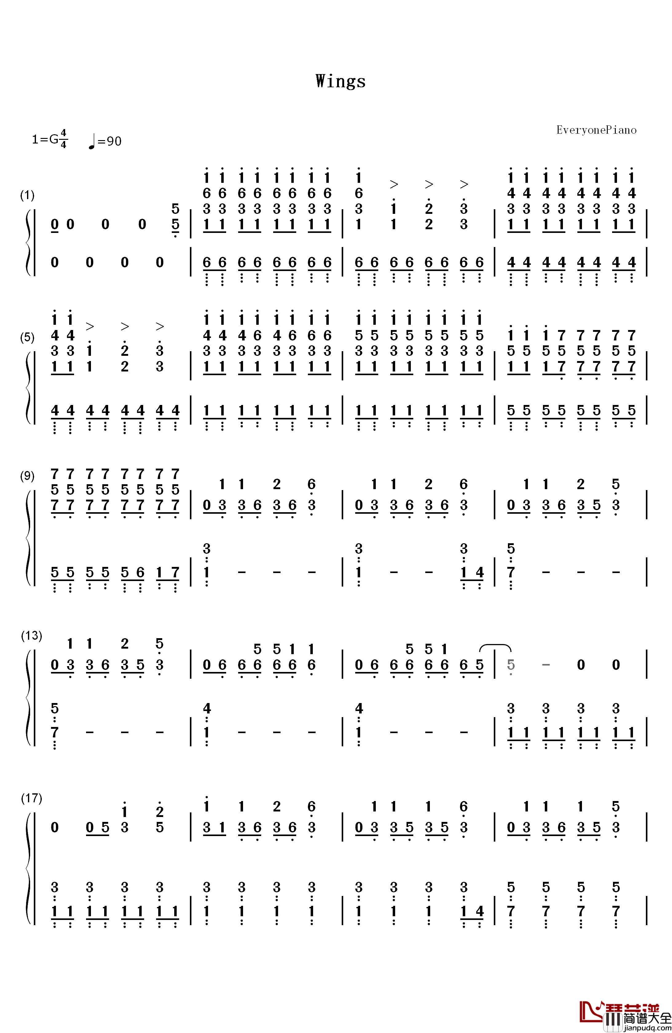 Wings钢琴简谱_数字双手_Birdy