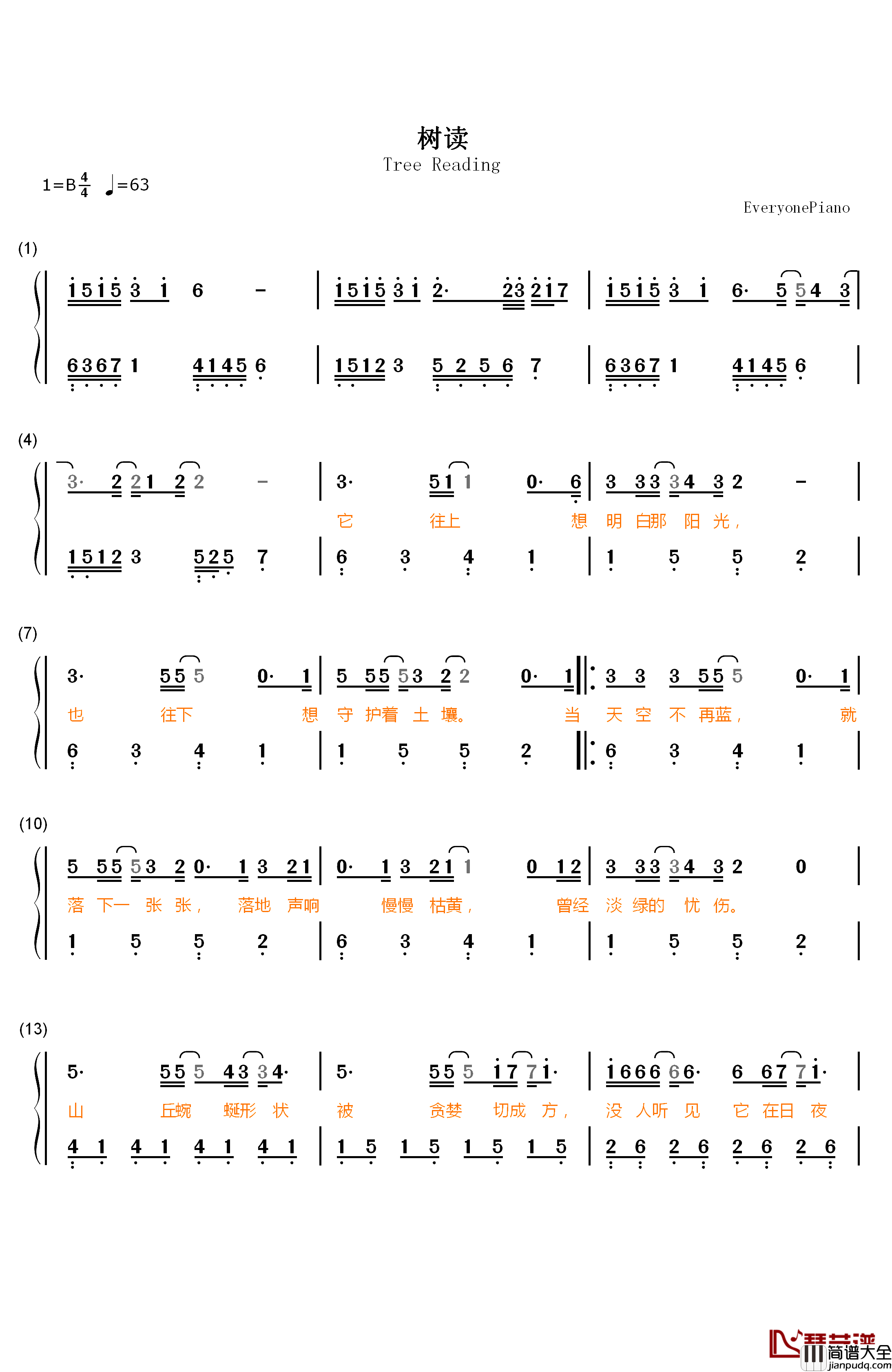 树读钢琴简谱_数字双手_王俊凯