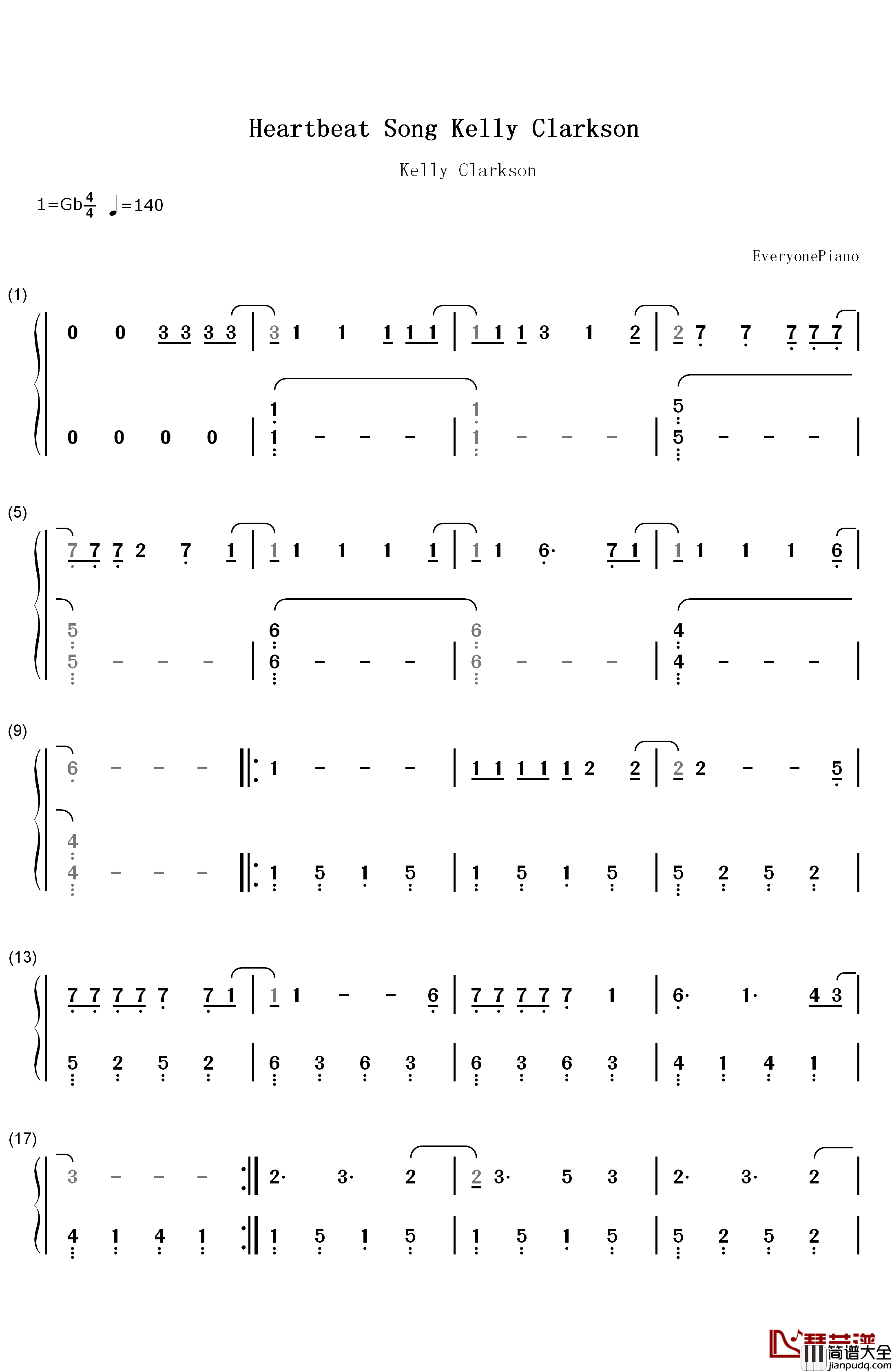 Heartbeat_Song钢琴简谱_数字双手_Kelly_Clarkson