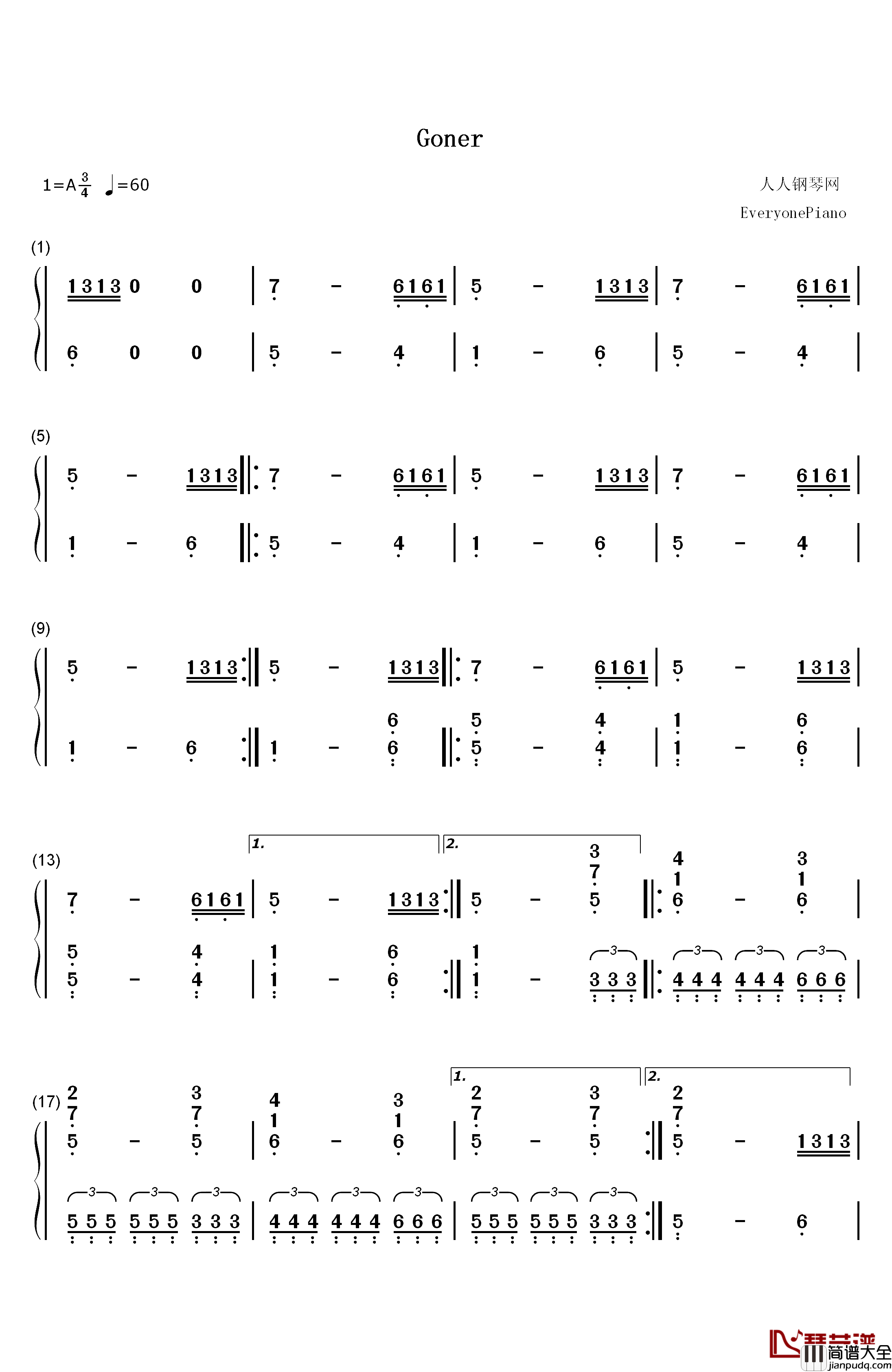 Goner钢琴简谱_数字双手_Twenty_One_Pilots