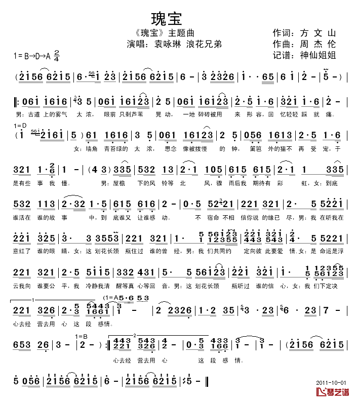 瑰宝简谱_袁咏琳/浪花兄弟演唱__瑰宝_主题曲