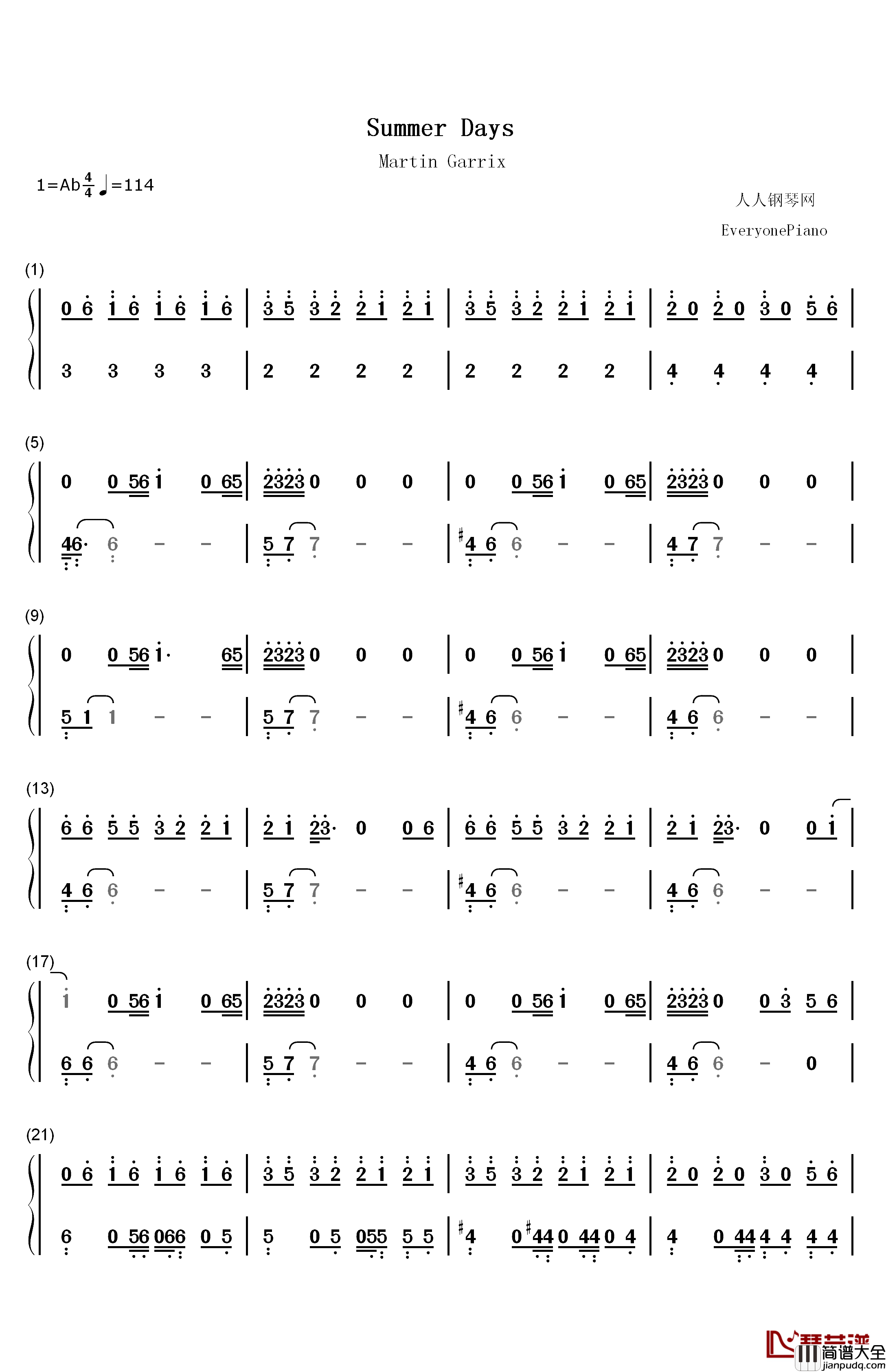 Summer_Days钢琴简谱_数字双手_Martin_Garrix