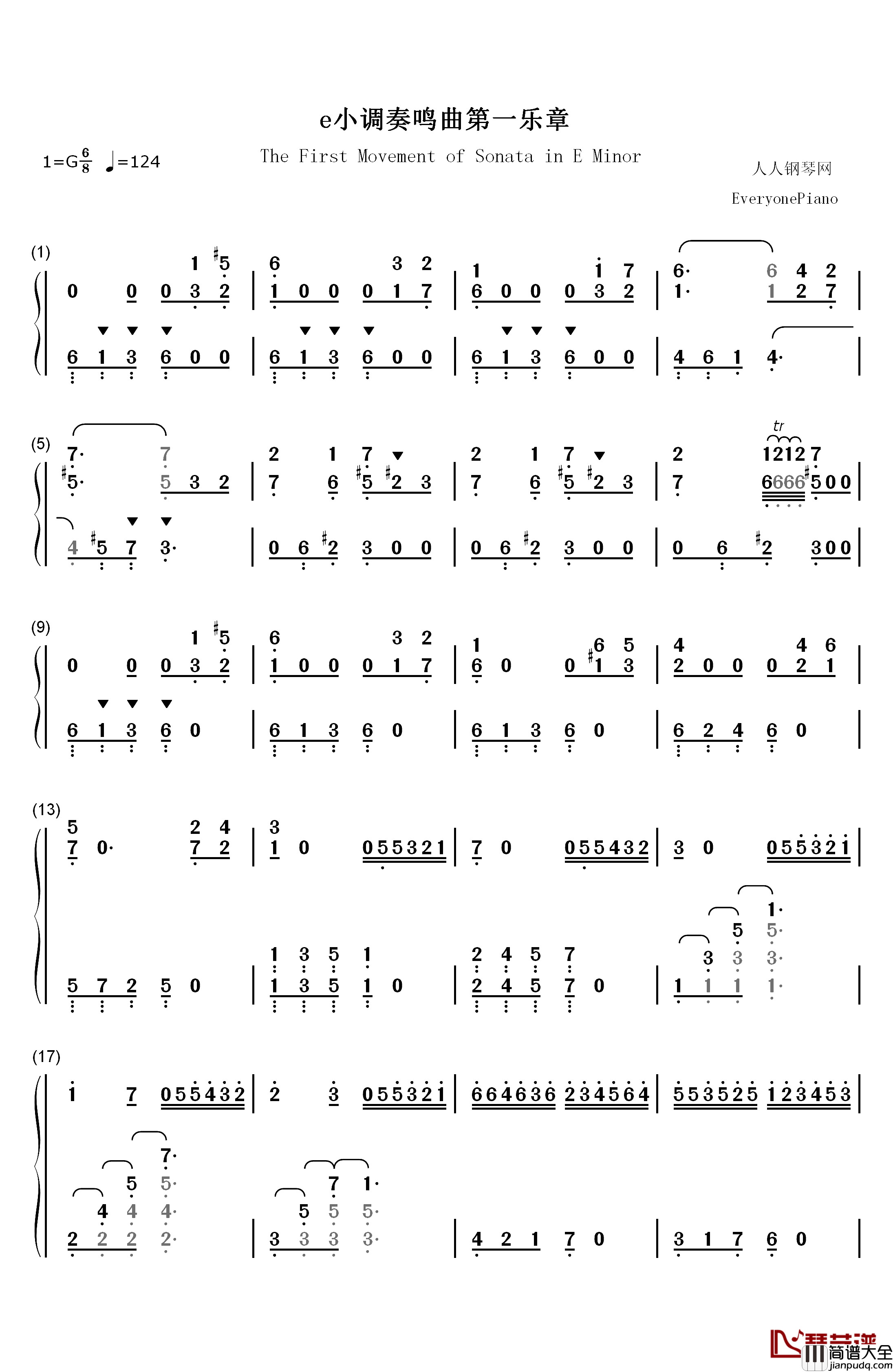 e小调奏鸣曲第一乐章钢琴简谱_数字双手_海顿