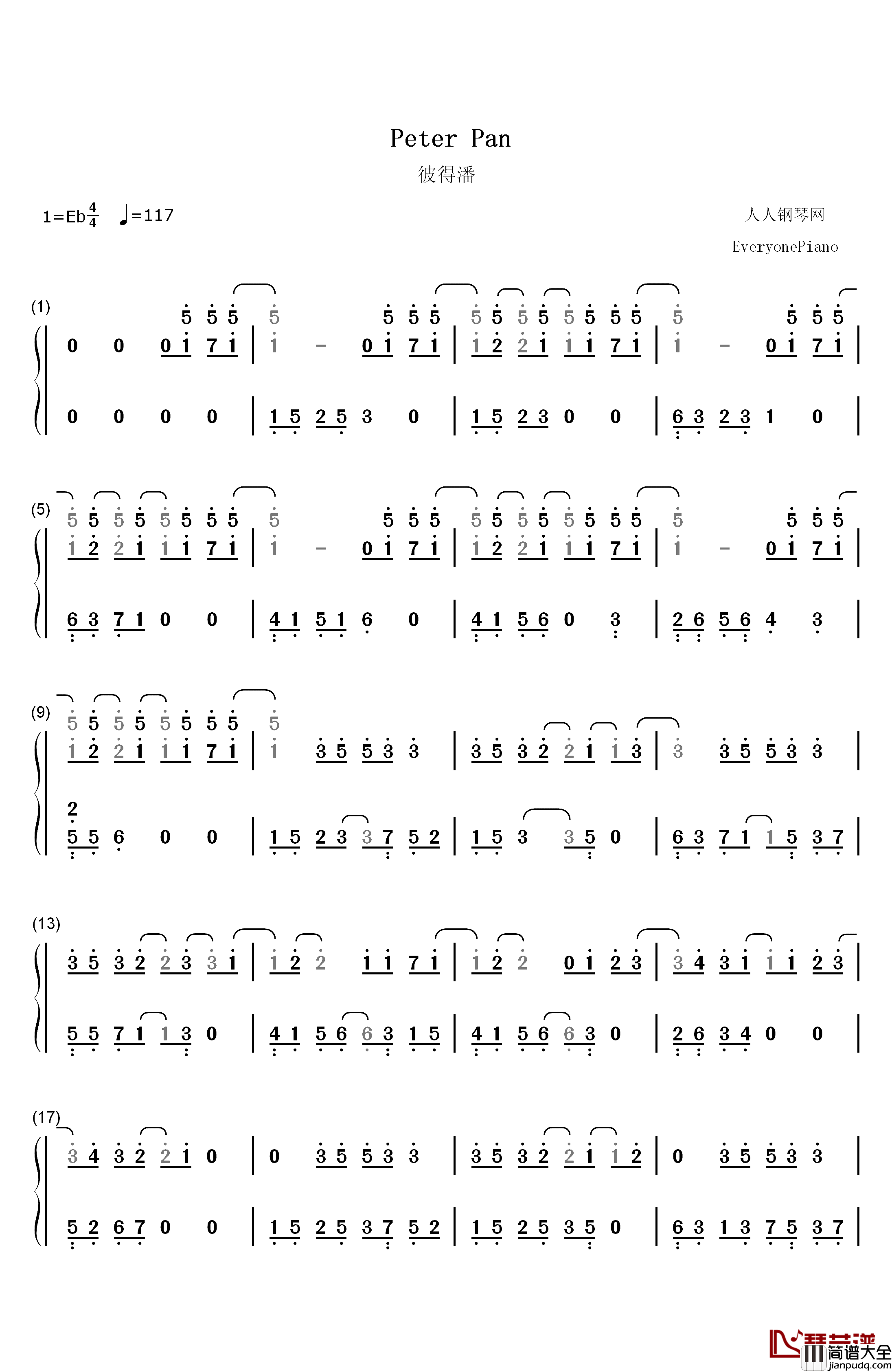 彼得潘钢琴简谱_数字双手_EXO