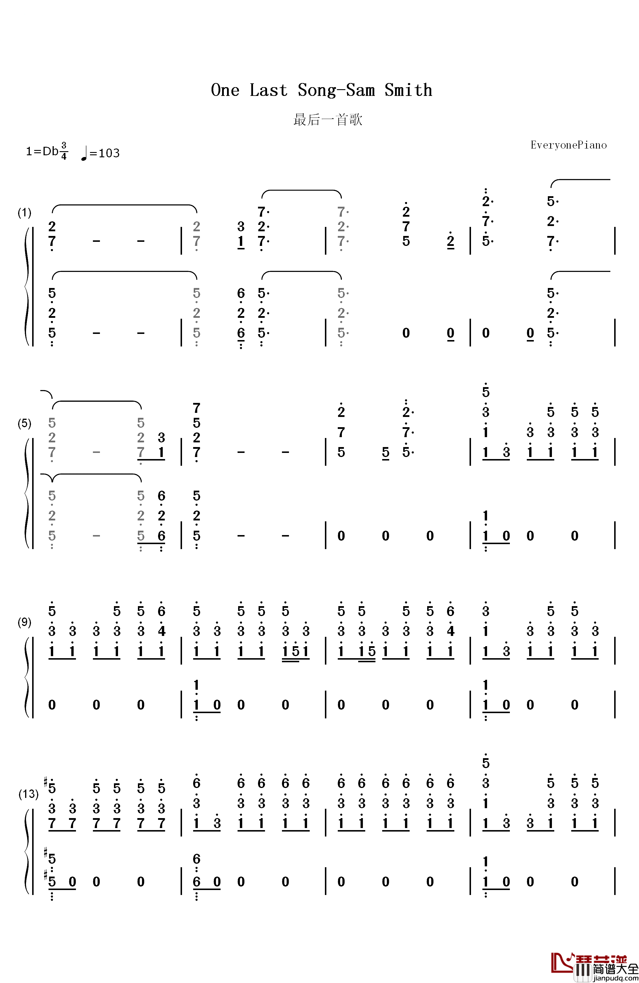 One_Last_Song钢琴简谱_数字双手_Sam_Smith