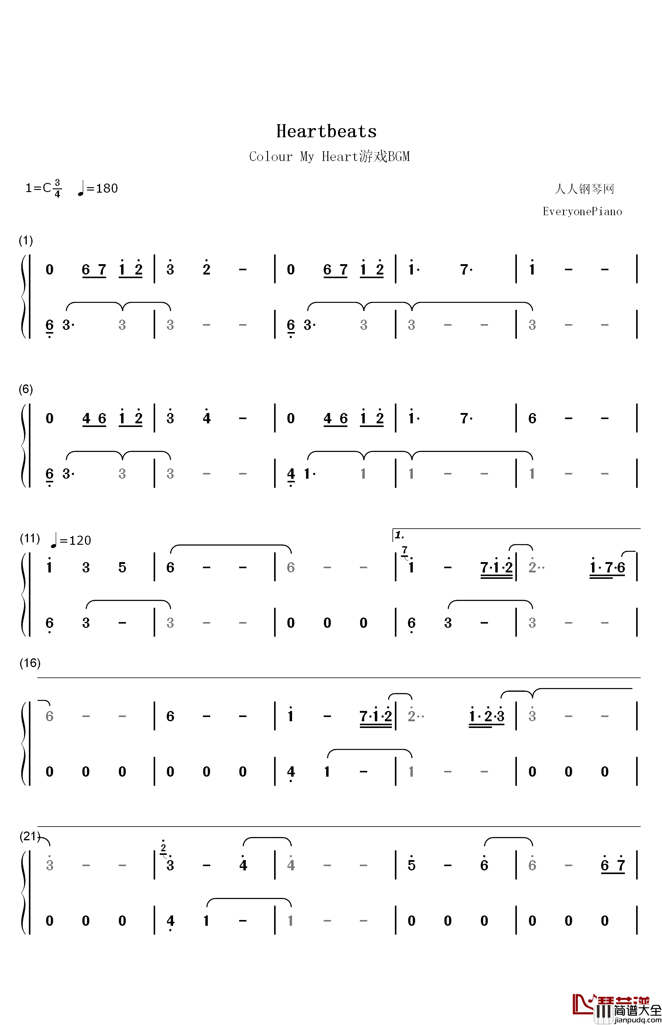 Heartbeats钢琴简谱_数字双手_Broove
