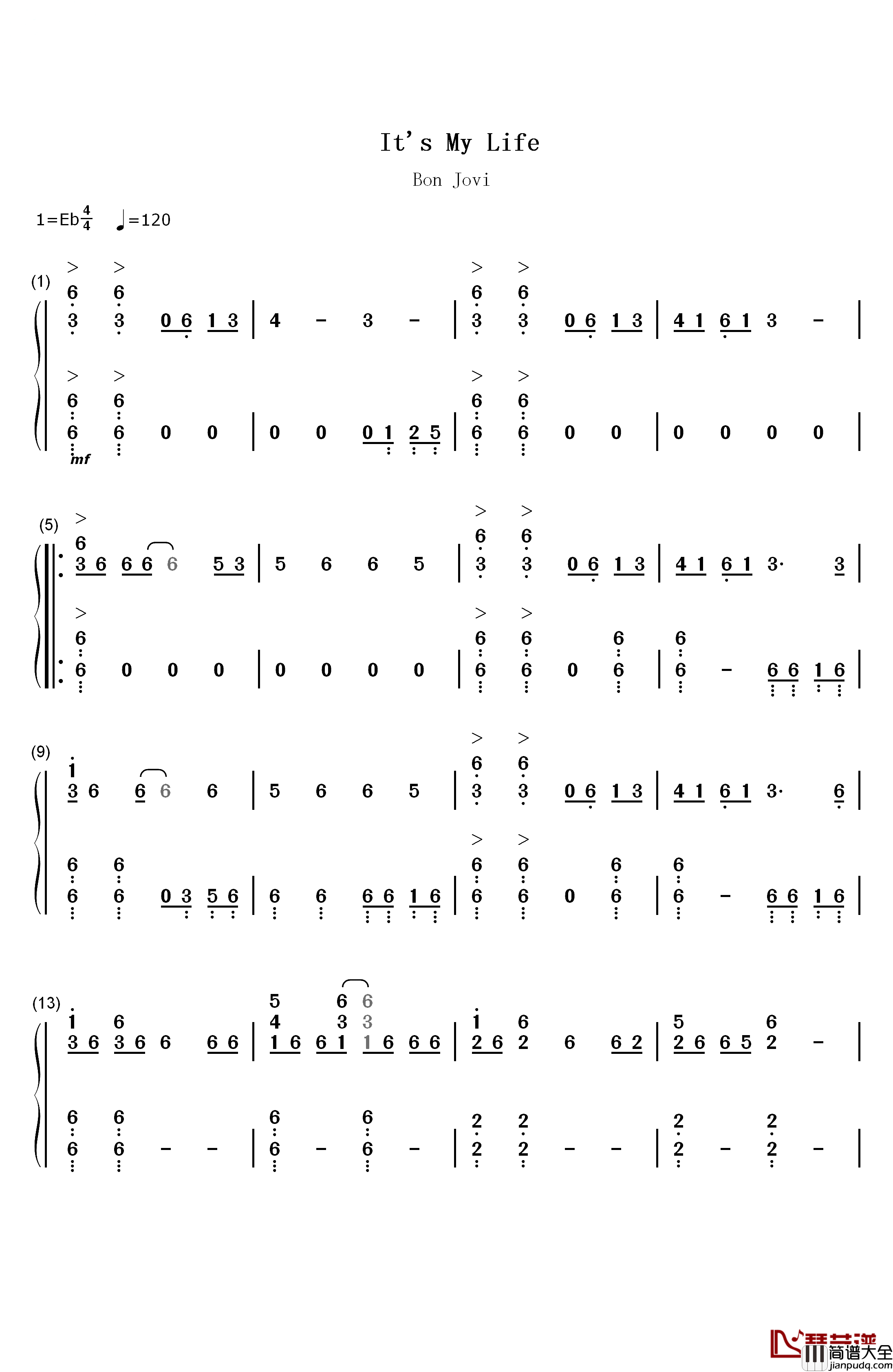 It's_My_Life钢琴简谱_数字双手_Bonjovi