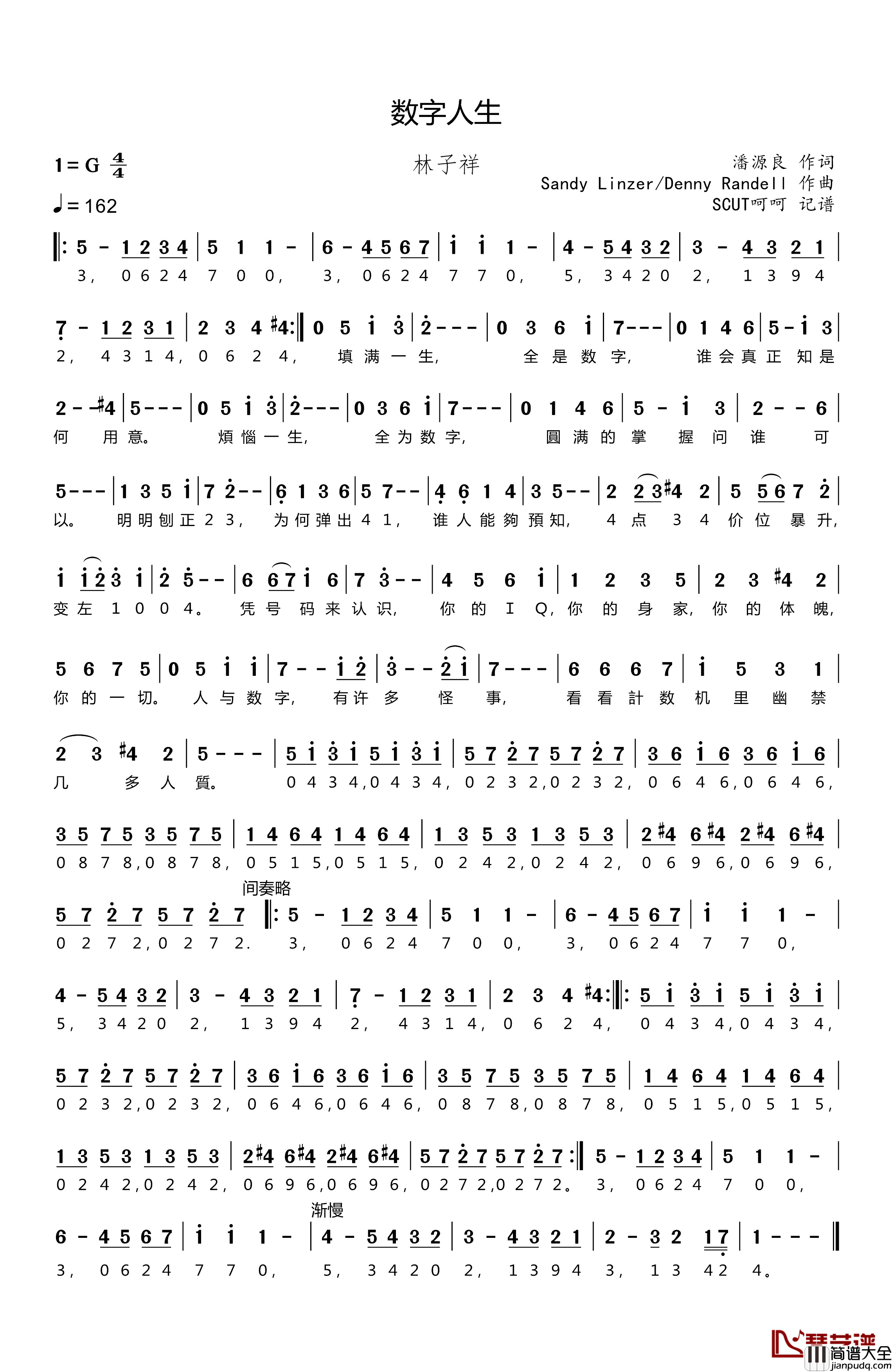 数字人生简谱_潘源良词/SandyLinzer/DennyRandell曲林子祥_