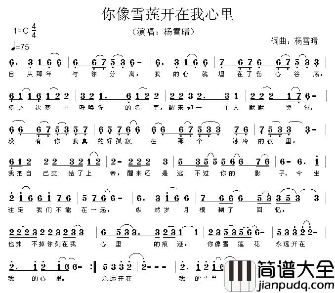 你像雪莲开在我心里简谱_杨雪晴词/杨雪晴曲