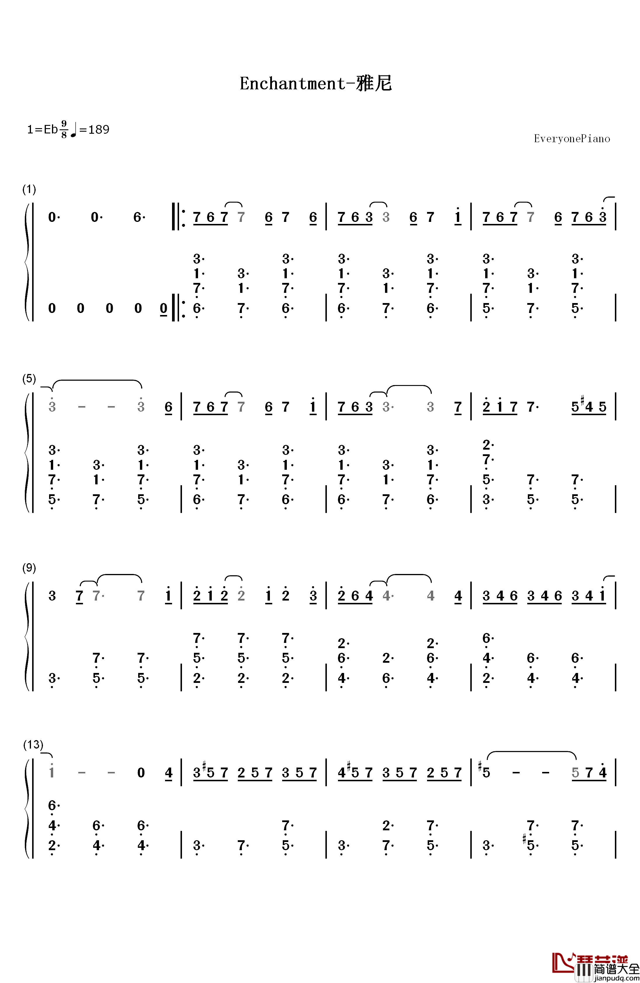 Enchantment钢琴简谱_数字双手_雅尼