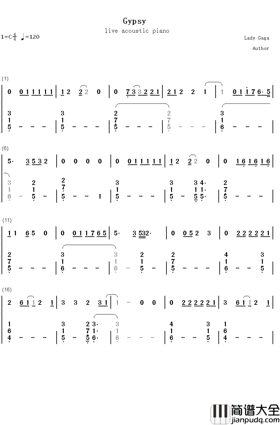 Gypsy钢琴简谱_数字双手_Lady_Gaga
