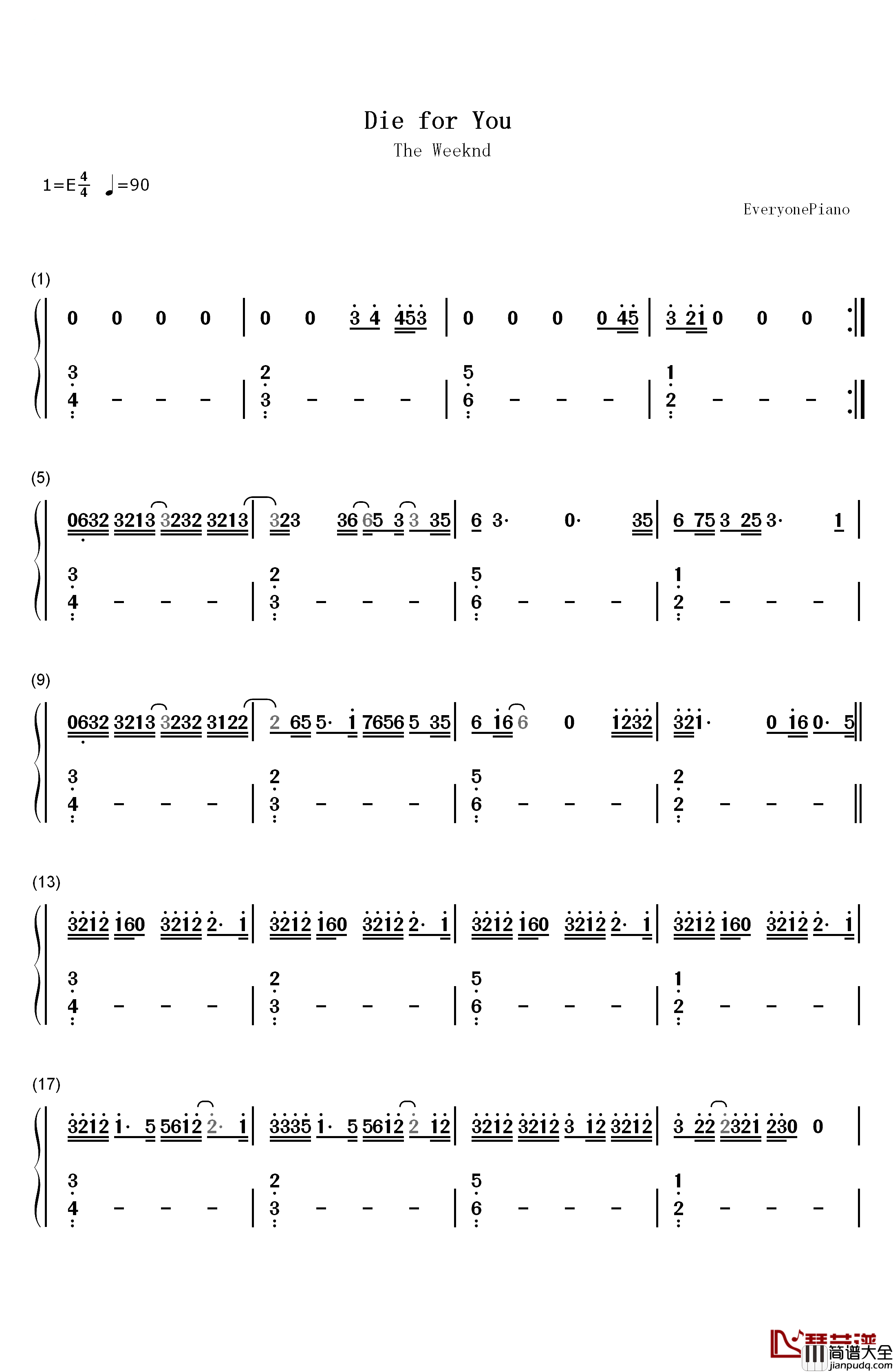 Die_for_You钢琴简谱_数字双手_The_Weeknd