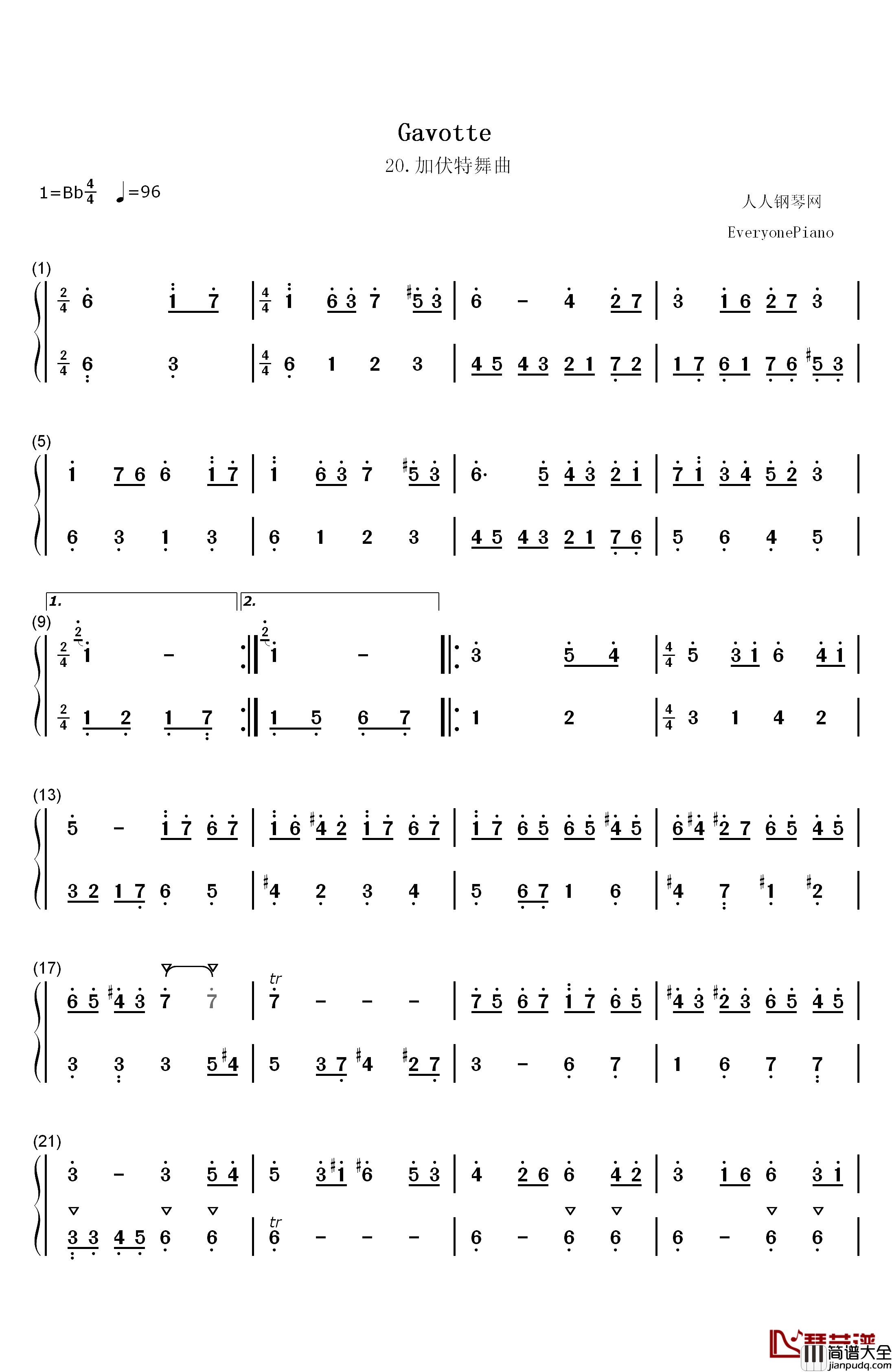 加伏特舞曲_20钢琴简谱_数字双手_巴赫