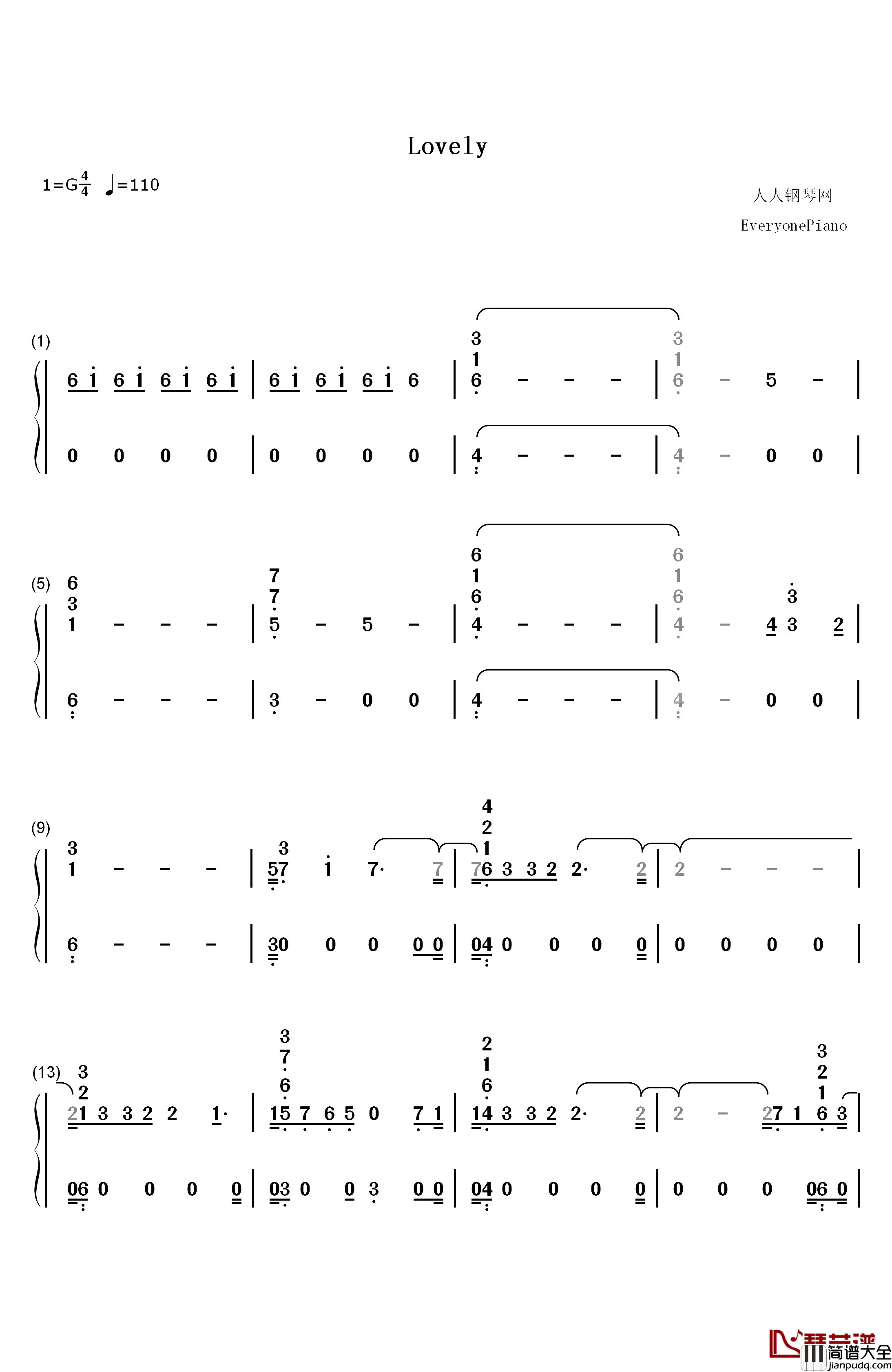 Lovely钢琴简谱_数字双手_Billie_Eilish_Khalid