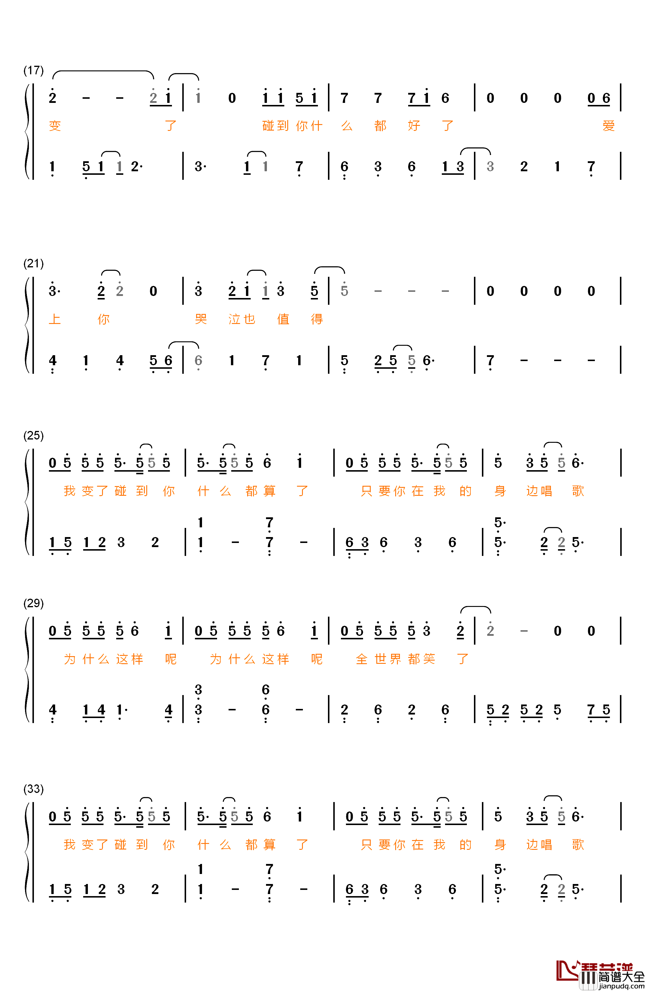 我变了钢琴简谱_数字双手_李宇春