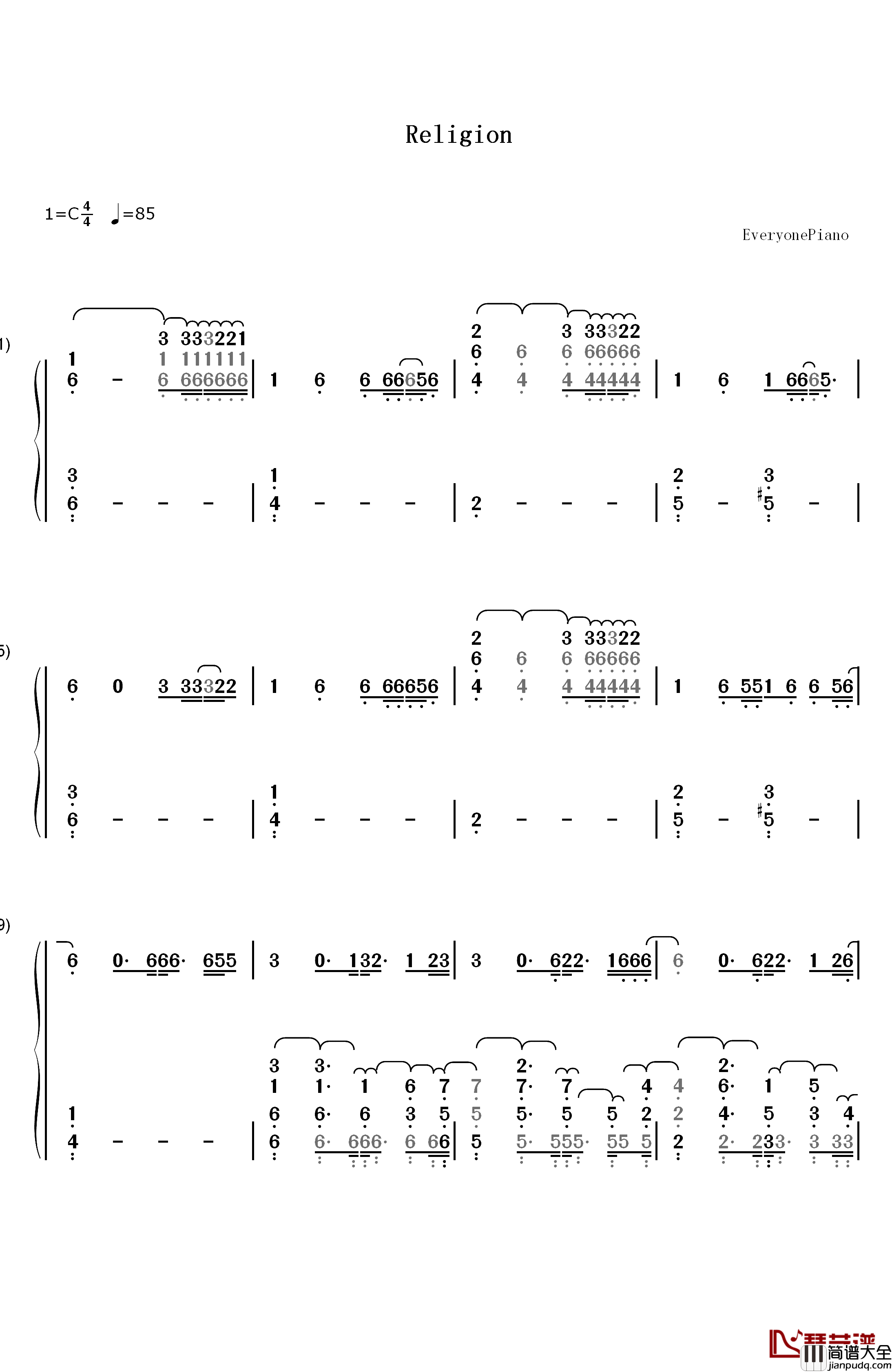 Religion钢琴简谱_数字双手_Lana_Del_Rey