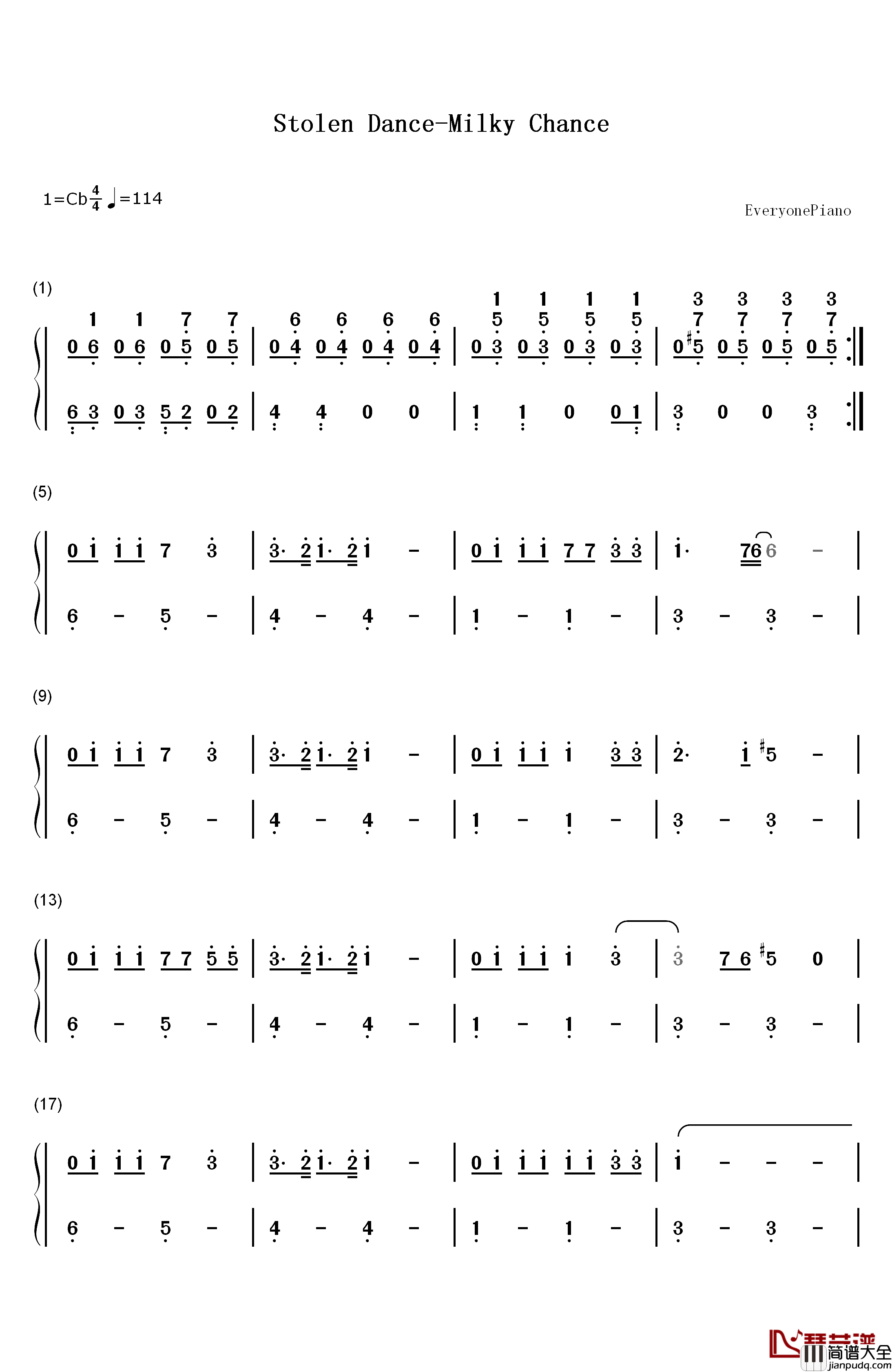 Stolen_Dance钢琴简谱_数字双手_Milky_Chance