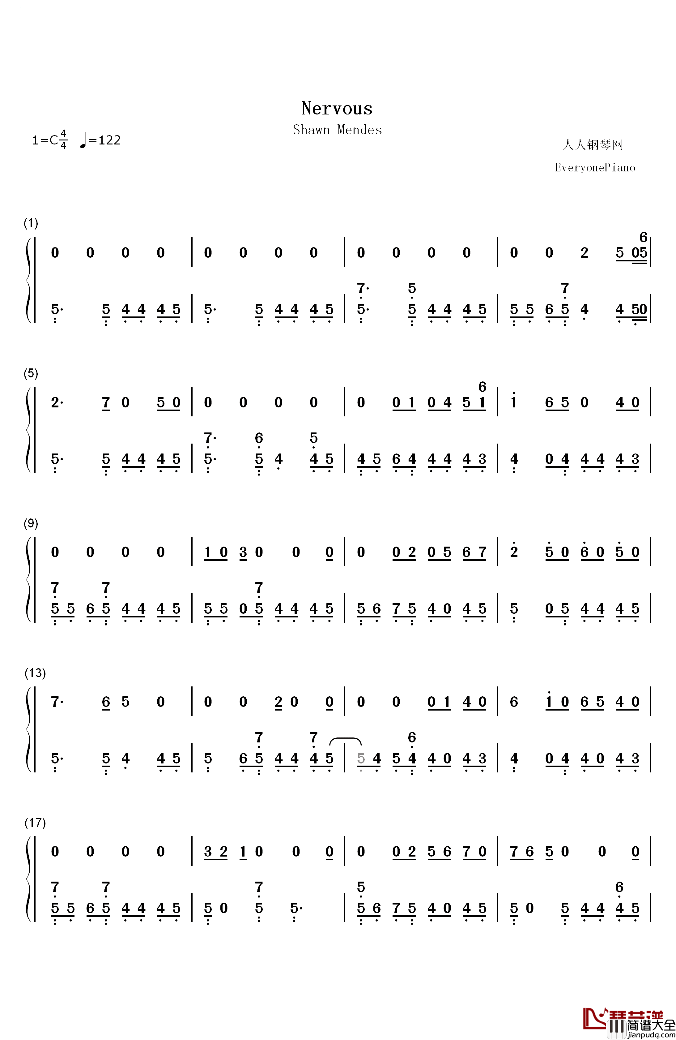 Nervous钢琴简谱_数字双手_Shawn_Mendes
