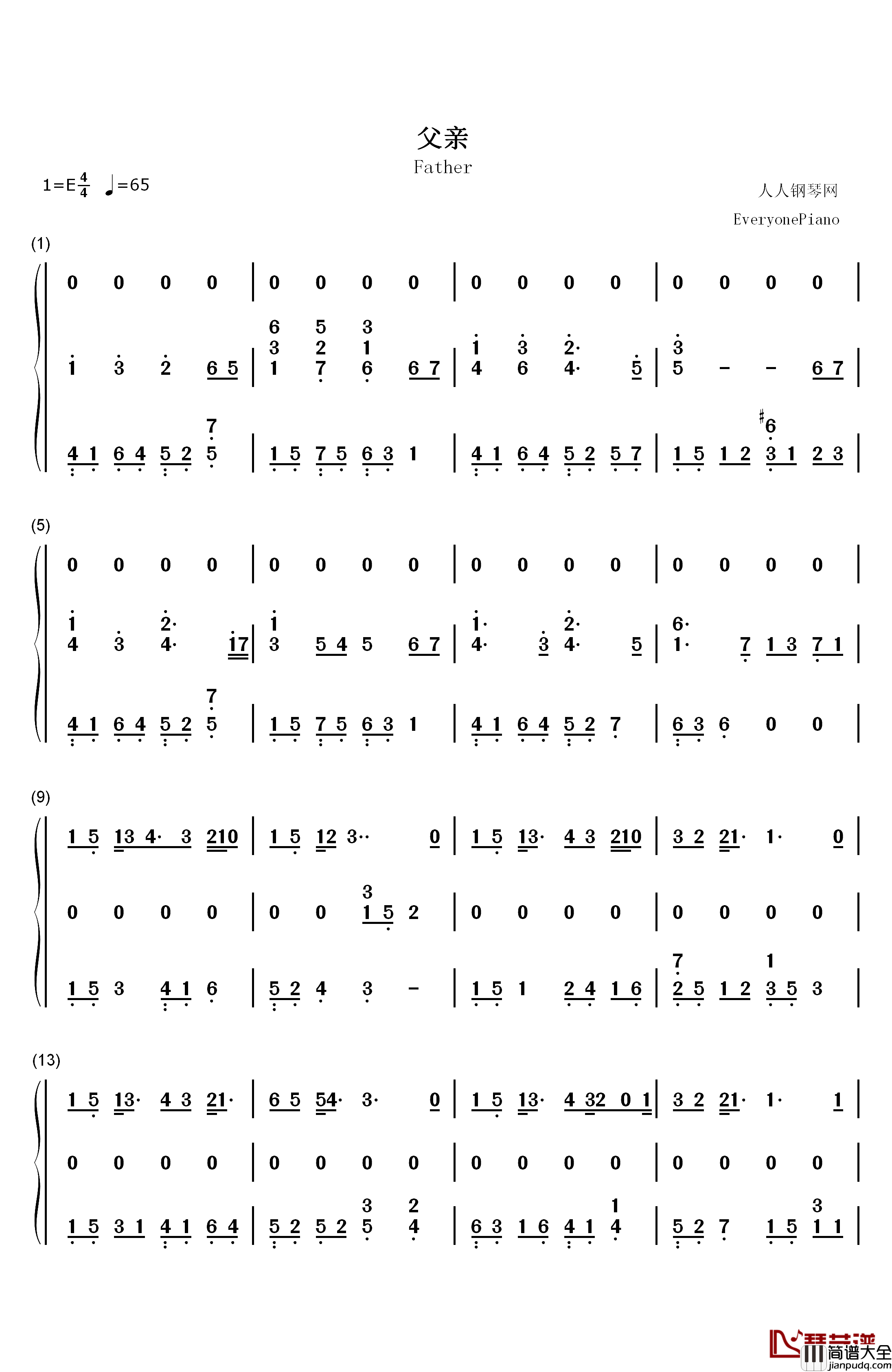 父亲钢琴简谱_数字双手_筷子兄弟