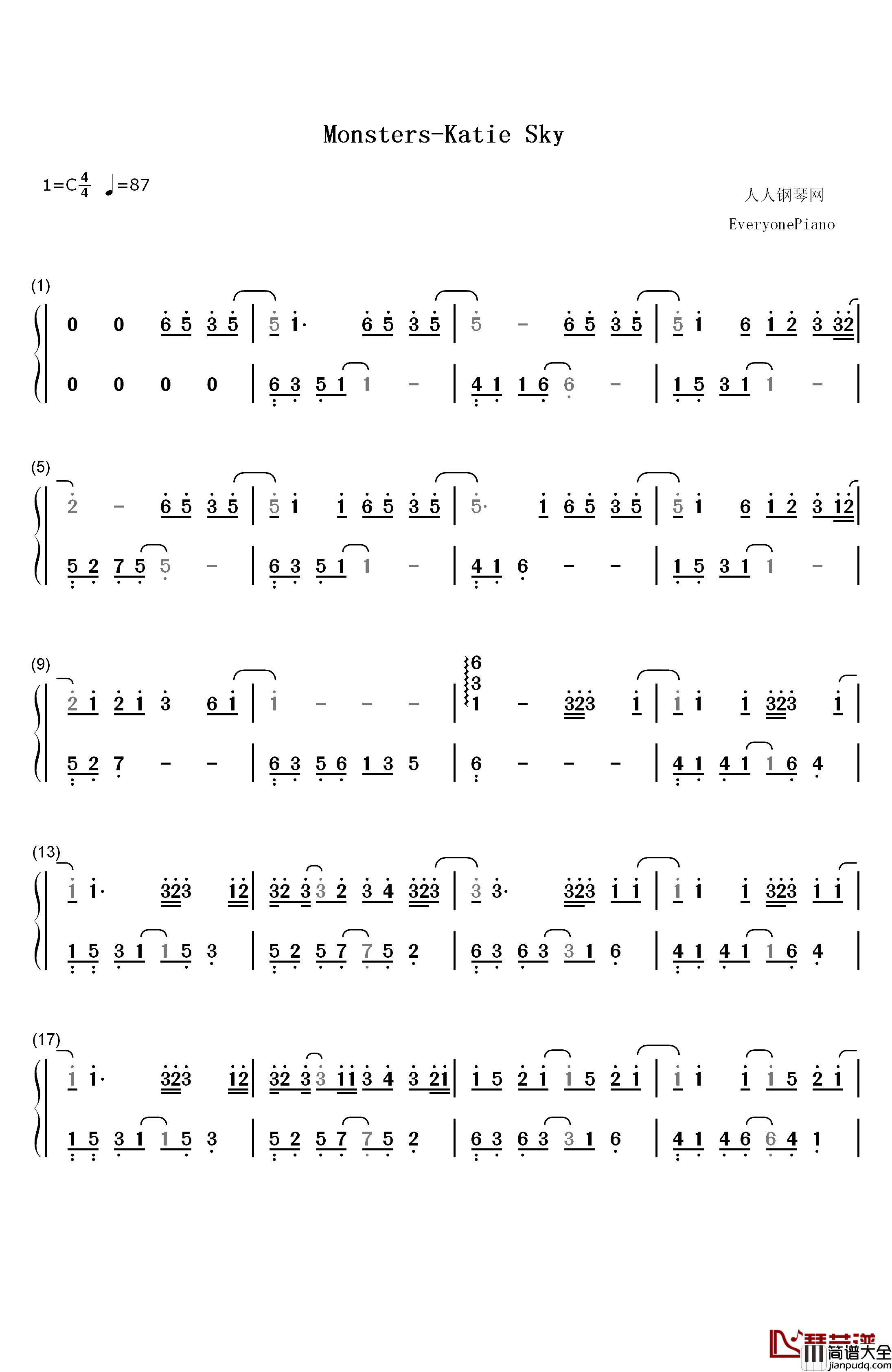 Monsters钢琴简谱_数字双手_Katie_Sky