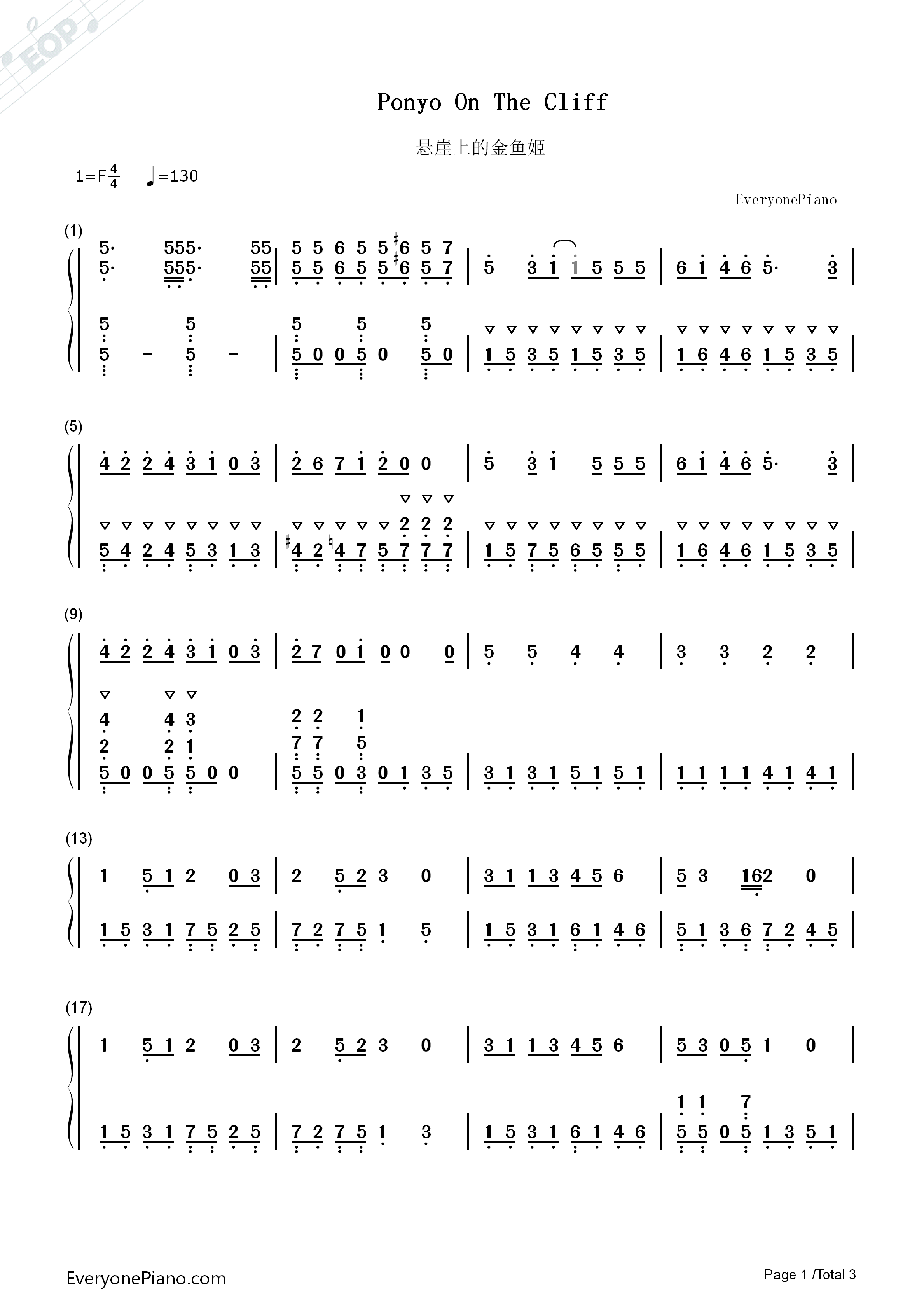悬崖上的金鱼公主钢琴简谱_久石让__Joe_Hisaishi_宫崎骏演唱