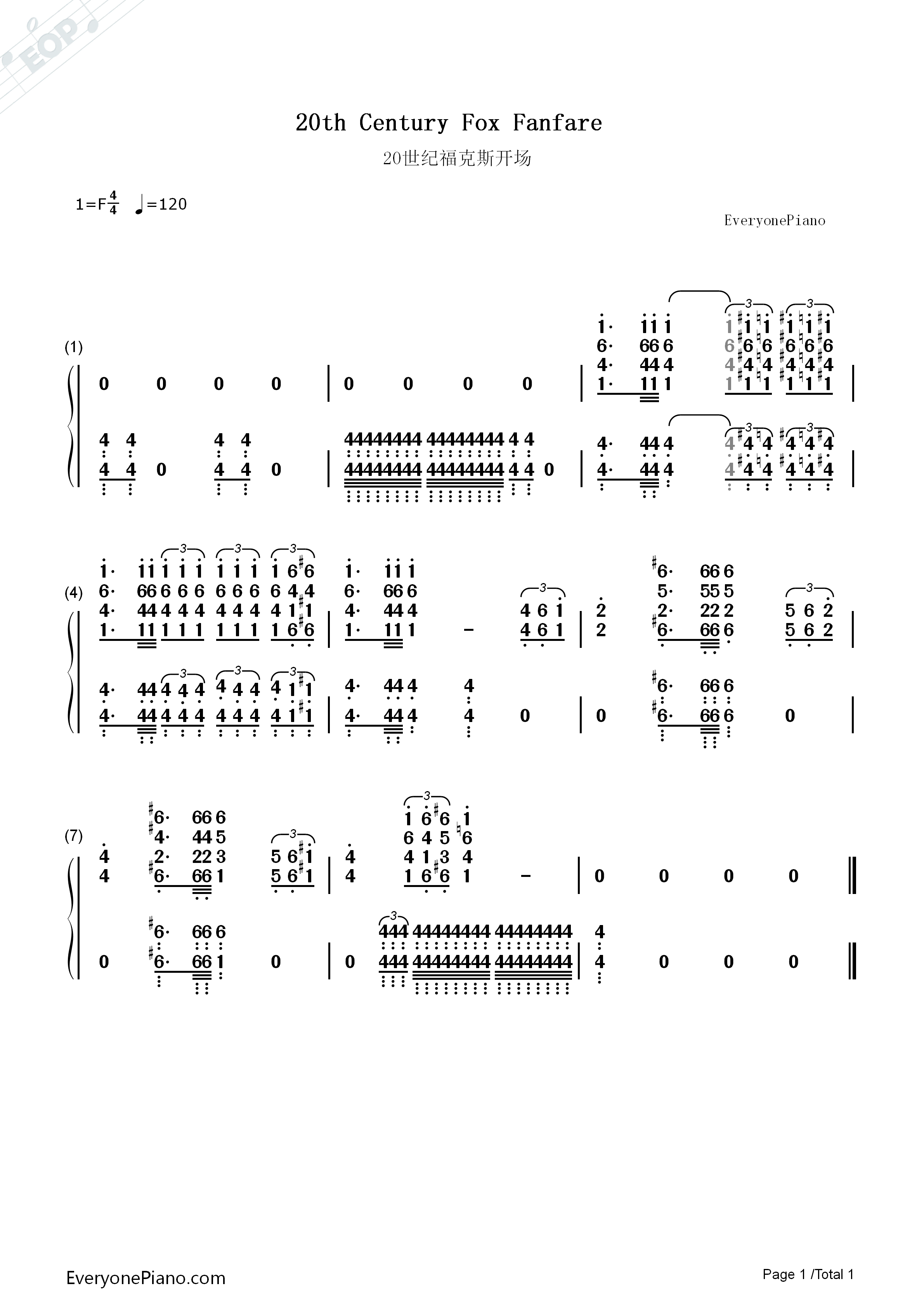 20世纪福克斯开场曲钢琴简谱_20th_Century_Fox演唱